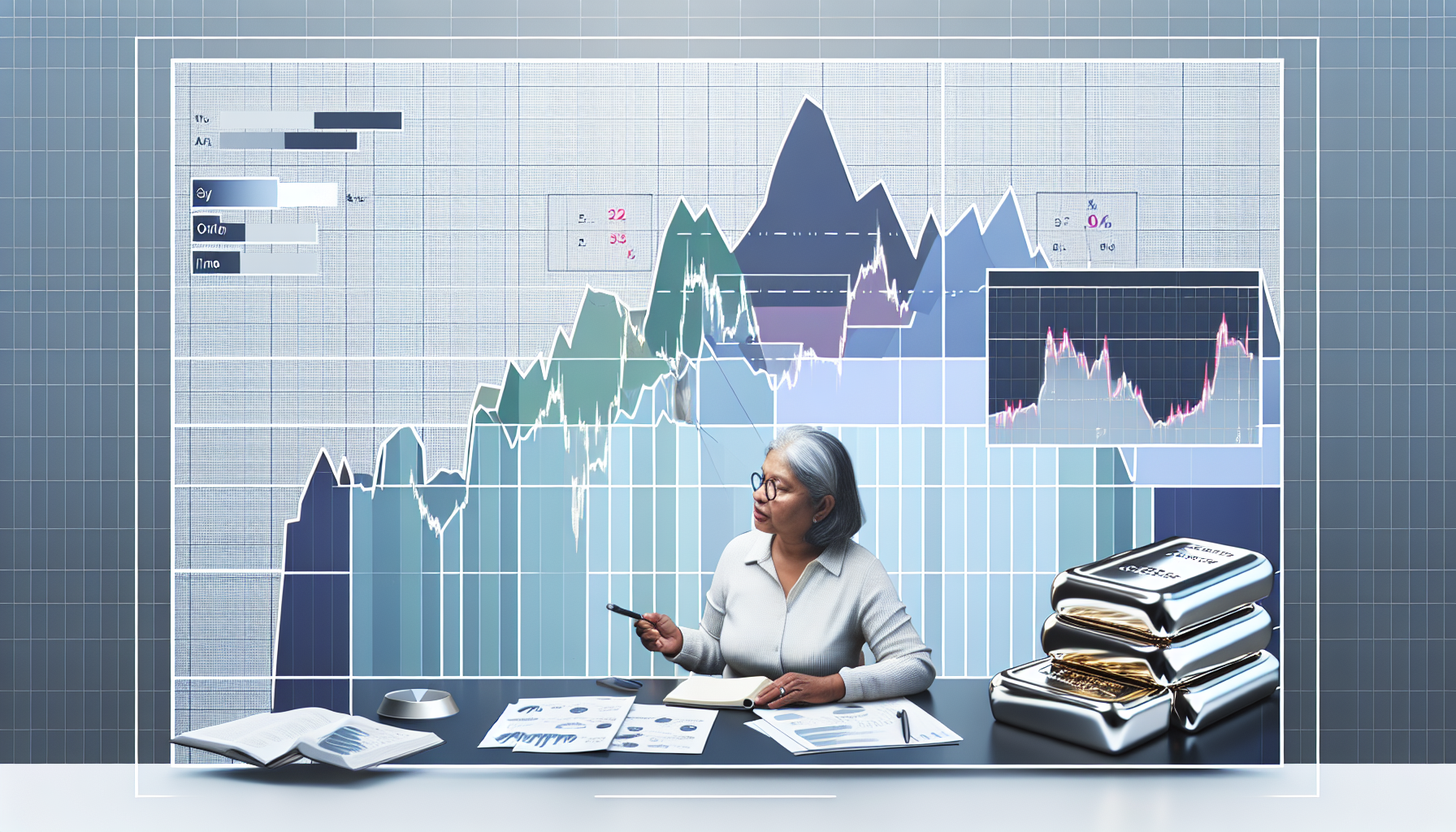 Eine Visualisierung einer Strategie zum Kauf von Silber. Sie sollte ein detailliertes Diagramm zeigen, mit Trends und Werten auf der yâ€‘Achse und der Zeit auf der xâ€‘Achse. Eine Reihe von Markierungen oder Anmerkungen stellt die Strategie zum Silberkauf dar, zum Beispiel durch das Kennzeichnen von Hochs und Tiefs. Seitlich sitzt eine Person â€” eine sÃ¼dasiatische Frau mittleren Alters â€” an einem Schreibtisch und untersucht das Diagramm mit einer Lupe. Sie hat ein Notizbuch und einen Stift und macht mÃ¶glicherweise Notizen. Auf dem Schreibtisch stehen Stapel von Silberbarren, die das Ergebnis der Strategie veranschaulichen.
