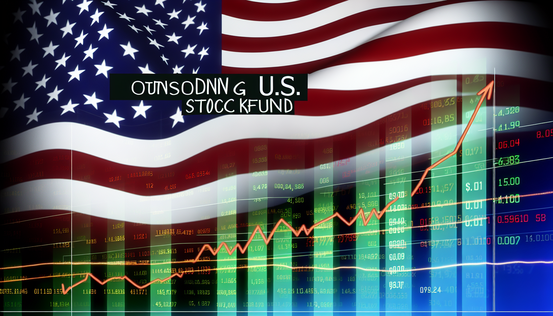 Ein herausragender US-Aktienfonds, dargestellt durch ein aufwÃ¤rts gerichtetes Liniendiagramm vor dem Hintergrund der amerikanischen Flagge. FÃ¼gen Sie am unteren Rand des Bildes eine Vielzahl von verschiedenen Aktien-Symbolen und Zahlen hinzu, die schwanken, um ein GefÃ¼hl fÃ¼r dynamische MarktaktivitÃ¤ten zu vermitteln.