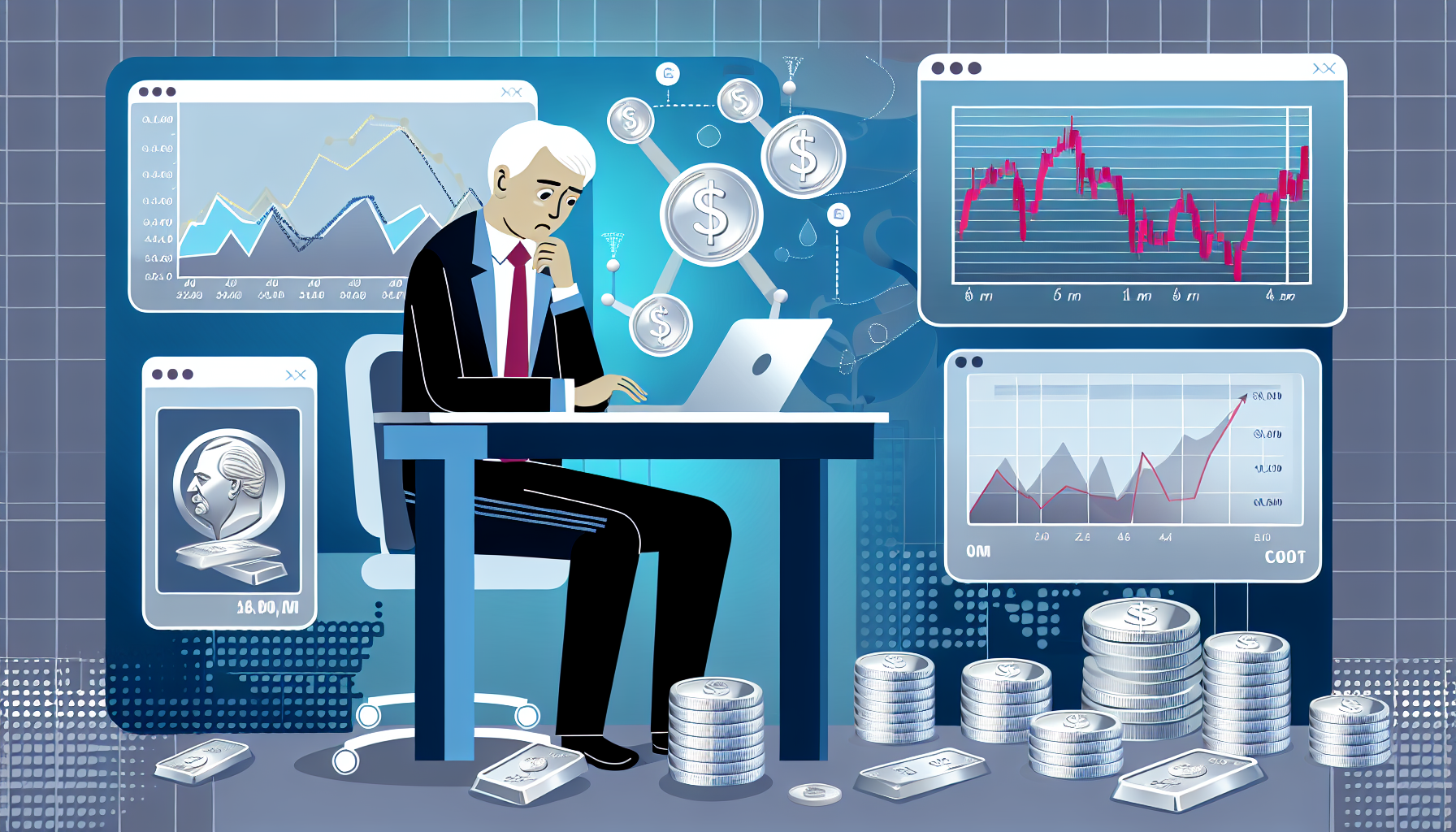 Eine Illustration, die eine Strategie zum Kauf von Silber veranschaulicht. Die Szene zeigt einen weiÃŸen Mann in den 40ern, in Businesskleidung, der an einem Tisch sitzt und verschiedene Diagramme und Grafiken studiert, die den Silberpreis im Zeitverlauf darstellen. Um ihn herum liegen Stapel von SilbermÃ¼nzen und -barren, die mÃ¶gliche Investitionen symbolisieren. Er wirkt tief in Gedanken versunken und analysiert die vorliegenden Informationen kritisch, wÃ¤hrend sich zu seiner Linken ein digitaler Bildschirm mit Liveâ€‘Updates des Silbermarkts befindet. Im Hintergrund sind symbolische Elemente wie eine Waage zu sehen, die Geld und Silber ausbalanciert und so auf die Bedeutung sorgfÃ¤ltiger Finanzplanung hinweist.