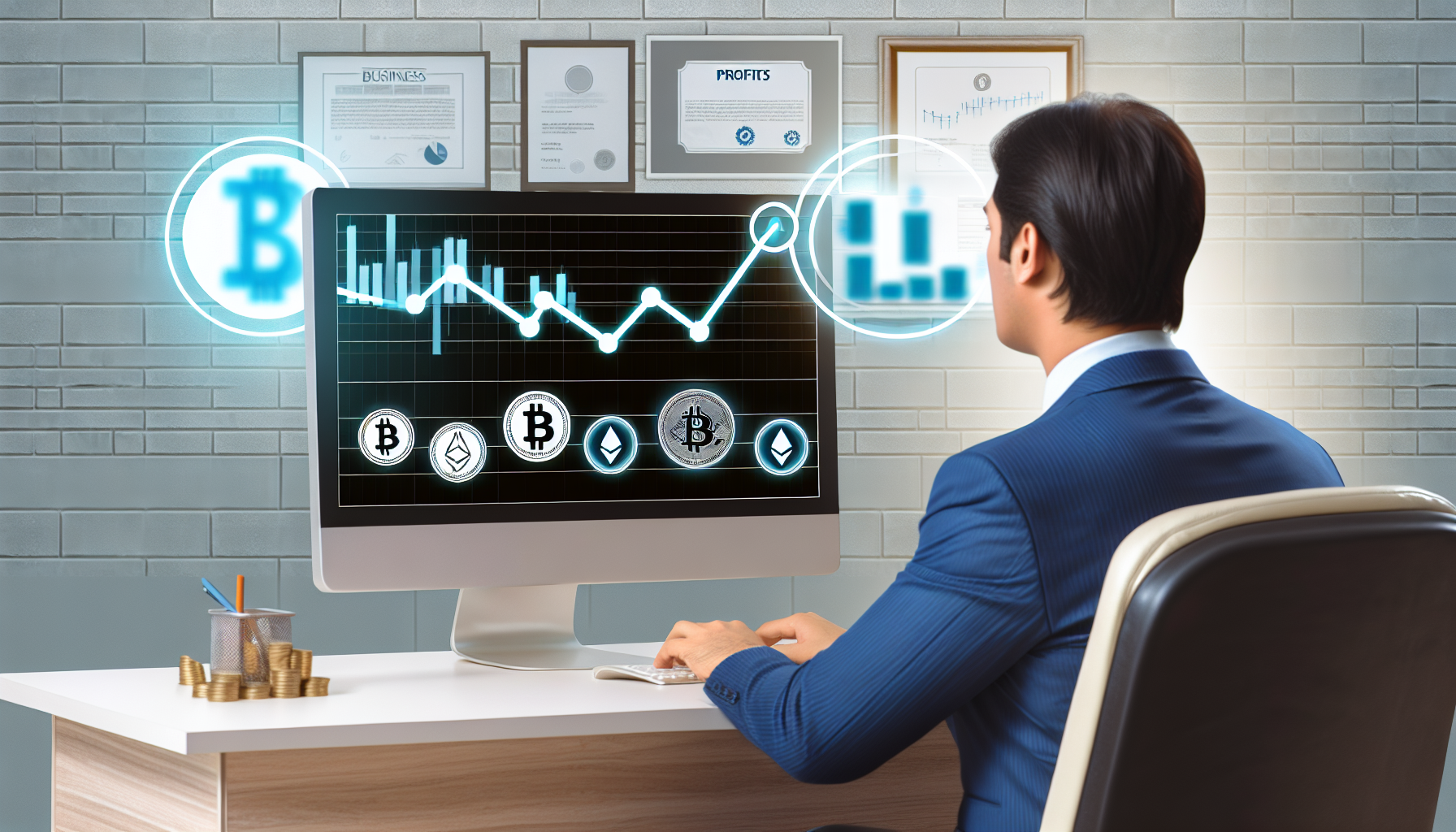 Konzeptionelles Bild einer Person, die an einem Computer arbeitet und digitale VermÃ¶genswerte verwaltet, die passives Einkommen generieren. Die Person ist ein mittelalter asiatischer Mann, der formelle GeschÃ¤ftskleidung trÃ¤gt, und der Bildschirm des Computers zeigt verschiedene KryptowÃ¤hrungs-Icons wie Bitcoin, Ethereum usw. Auch Grafiken, die Gewinne anzeigen, sind auf dem Bildschirm zu sehen. Der Hintergrund ist ein ordentliches BÃ¼ro mit verschiedenen GeschÃ¤ftszertifikaten, die an der Wand hÃ¤ngen.