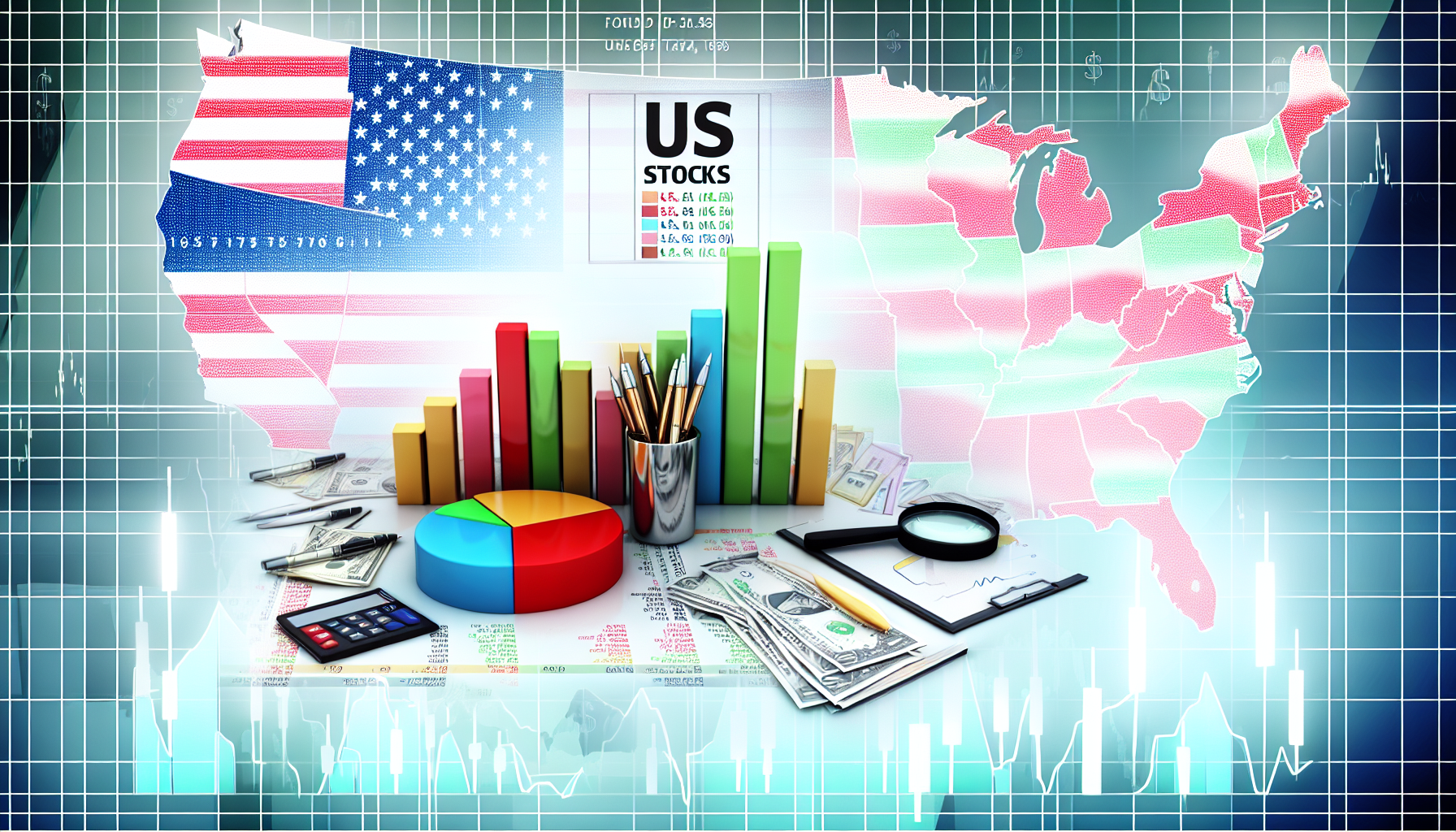 Eine ausgezeichnete Sammlung von US-Aktienfonds. Darstellen Sie eine Vielzahl von Fonds, die als bunte Balkendiagramme oder Tortendiagramme dargestellt sind. Der Hintergrund besteht aus einer detaillierten Karte der Vereinigten Staaten, die zeigt, wo sich die Top-Unternehmen befinden. Elemente, die mit Finanzen zu tun haben, wie WÃ¤hrungssymbole, Taschenrechner und Stifte, sind ebenfalls in das Bild integriert.