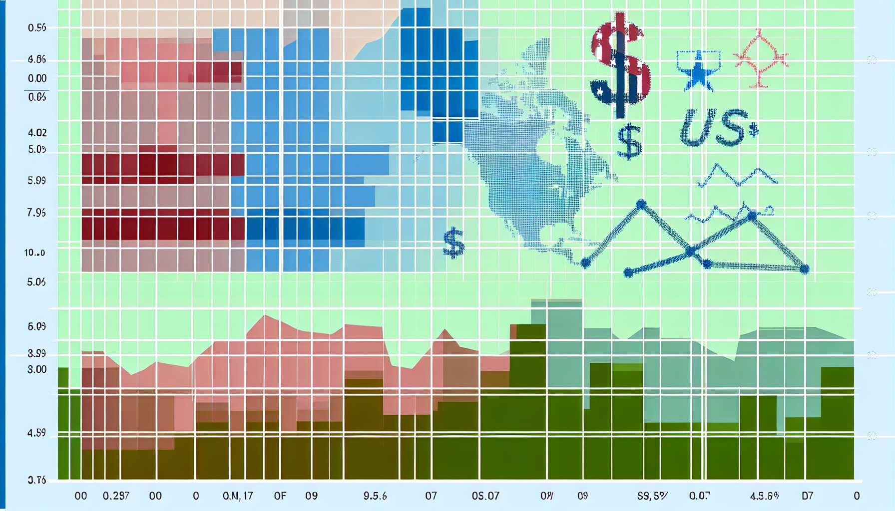 Illustration eines US-amerikanischen Aktienfonds-Diagramms mit verschiedenen statistischen Daten. Stellen Sie AufwÃ¤rts- und AbwÃ¤rtsphasen im Diagramm in unterschiedlichen Farben dar. Zeigen Sie einige Finanzindikatoren wie gleitende Durchschnitte, Volumen und Rendite (Return on Investment, ROI) an der Seite. Bitte sorgen Sie dafÃ¼r, dass der Diagrammhintergrund ein Raster hat, und platzieren Sie das Dollarzeichen an verschiedenen Stellen im Design.
