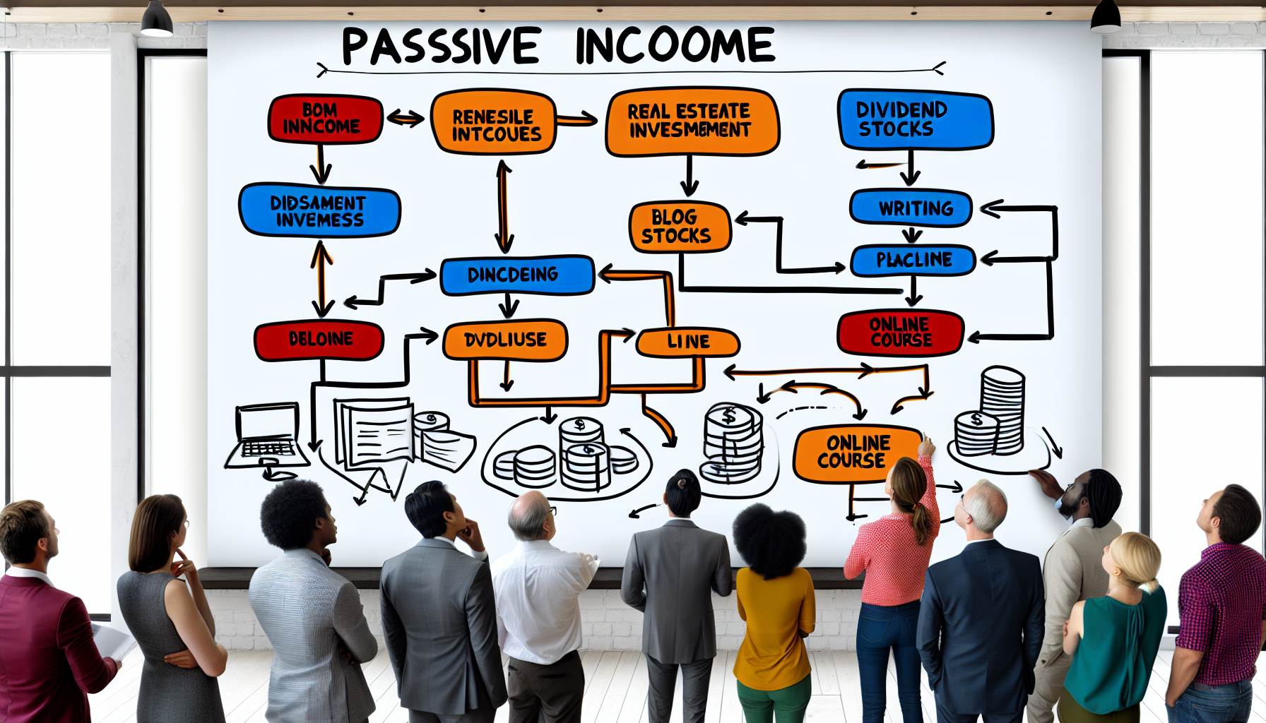 Eine Illustration, die eine Strategie f&Atilde;&frac14;r passives Einkommen zeigt. Ein Flussdiagramm, das von einem zentralen Punkt ausgeht, der mit 'Passives Einkommen' beschriftet ist. Die Fl&Atilde;&frac14;sse verzweigen sich in mehrere Einkommensquellen wie Immobilieninvestitionen, Dividendenaktien, Blogschreiben, Online-Kursverk&Atilde;&curren;ufe usw. Jeder Zweig sollte durch geeignete Symbole dargestellt werden. Au&Atilde;Ÿerdem sollte eine vielf&Atilde;&curren;ltige Gruppe von Menschen, M&Atilde;&curren;nner und Frauen unterschiedlicher Abstammung wie Kaukasier, Hispanics, Schwarze, Menschen aus dem Nahen Osten und S&Atilde;&frac14;dasien, das Diagramm bewundern und Notizen machen. Der Hintergrund sollte eine B&Atilde;&frac14;roumgebung mit modernem Dekor sein.
