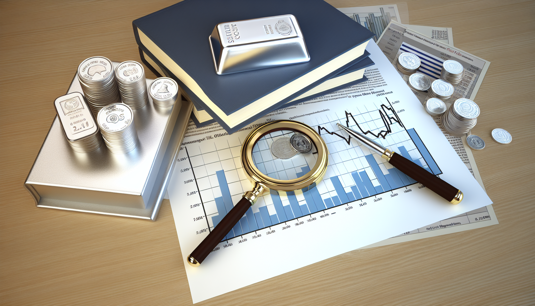 Eine Illustration eines strategischen Plans zum Kauf von Silber. Zeige ein detailliertes Finanzdiagramm auf einem Schreibtisch, mit Silberbarren und SilbermÃ¼nzen, die verstreut liegen. Lege eine Lupe auf das Diagramm fÃ¼r die genaue Analyse und einen Stift zur Planung daneben. FÃ¼ge auf einer Seite des Schreibtischs geschÃ¤ftsbezogene Literatur hinzu, etwa FinanzbÃ¼cher und BÃ¶rsenberichte, gestapelt. Das Bild soll das Konzept eines systematischen, gut durchdachten Ansatzes zum Erwerb von Silber als AnlagevermÃ¶gen vermitteln.
