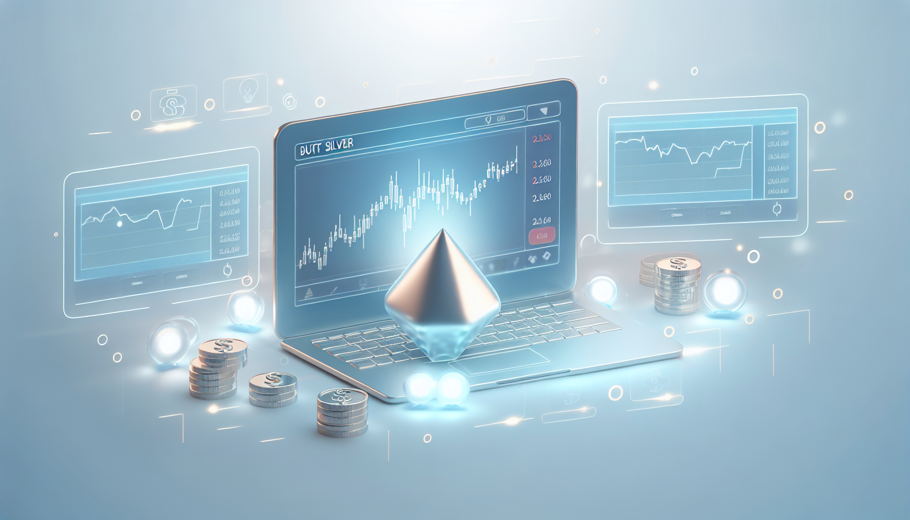 Eine Illustration, die eine clevere Strategie fÃ¼r den Kauf von Silber zeigt. Diese kÃ¶nnte konzeptionell sein und Elemente enthalten, die den Prozess der Recherche nach InvestitionsmÃ¶glichkeiten in Edelmetalle darstellen, sowie die Untersuchung von wirtschaftlichen Indikatoren und Trends. Diese Elemente kÃ¶nnten um einen Laptop-Bildschirm schweben, der ein Live-Silberpreischart anzeigt. Die Szene ist von einer sanften, kÃ¼hlen Farbpalette umgeben, die die glÃ¤nzende, reflektierende Silberfarbe umfasst.
