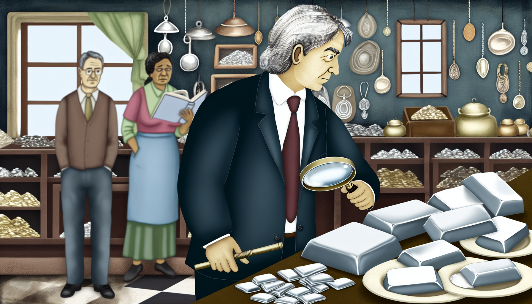 Eine illustrierte Szene einer Person, die strategisch Silber kauft. Der Schauplatz ist ein gemÃ¼tlicher AntiquitÃ¤tenladen, gefÃ¼llt mit verschiedenen Edelmetallen und Vintage-GegenstÃ¤nden. Die Person, ein weiÃŸer Mann mittleren Alters in Business-Casual-Kleidung, untersucht sorgfÃ¤ltig einen Silberbarren, mit einer Lupe in der einen Hand und einem Buch Ã¼ber Edelmetalle in der anderen, was seinen strategischen Ansatz beim Kauf von Silber zeigt. Im Hintergrund steht eine Ladenbesitzerin, eine hispanische Frau mittleren Alters, die die Szene aufmerksam beobachtet.