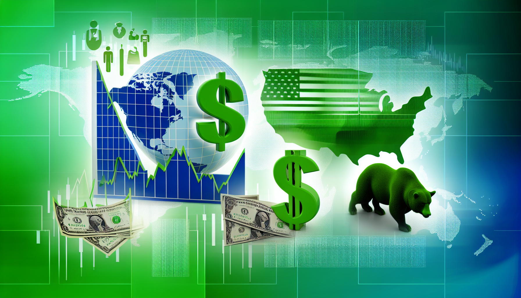 Eine detaillierte Darstellung eines in den USA ansÃ¤ssigen Aktienfonds-Konzepts, symbolisiert durch Grafiken, die die Performance des Fonds zeigen, Dollar-Scheine und Bilder, die Investitionen und wirtschaftliches Wachstum veranschaulichen. Es kÃ¶nnte auch eine metaphorische Darstellung von Bullen fÃ¼r den 'Bullenmarkt' und BÃ¤ren fÃ¼r den 'BÃ¤renmarkt' geben. Im Hintergrund ist eine Weltkugel zu sehen, die die USA zeigt. Die grÃ¼ne Farbe sollte prominent sein, da sie hÃ¤ufig mit Finanzen und Erfolg assoziiert wird.