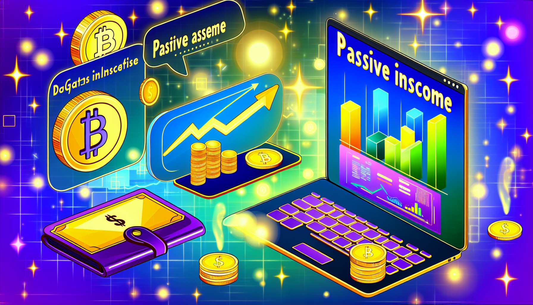 Eine Illustration, die verschiedene digitale Verm&Atilde;&para;genswerte wie Kryptow&Atilde;&curren;hrungen, NFTs und virtuelle Immobilien als Quellen f&Atilde;&frac14;r passives Einkommen zeigt. Das Bild sollte einen Laptop darstellen, auf dem Grafiken die steigenden Werte digitaler Verm&Atilde;&para;genswerte anzeigen, sowie einen goldenen Schl&Atilde;&frac14;ssel auf dem Bildschirm, der den Zugang zu digitalem Reichtum symbolisiert, und M&Atilde;&frac14;nzen, die in eine Brieftasche fallen. Textblasen k&Atilde;&para;nnten Phrasen wie 'passives Einkommen', 'digitale Verm&Atilde;&para;genswerte' und 'Gewinn' enthalten. Eine optimistische Atmosph&Atilde;&curren;re mit hellen Farben und strahlenden Bildern sollte vermittelt werden.