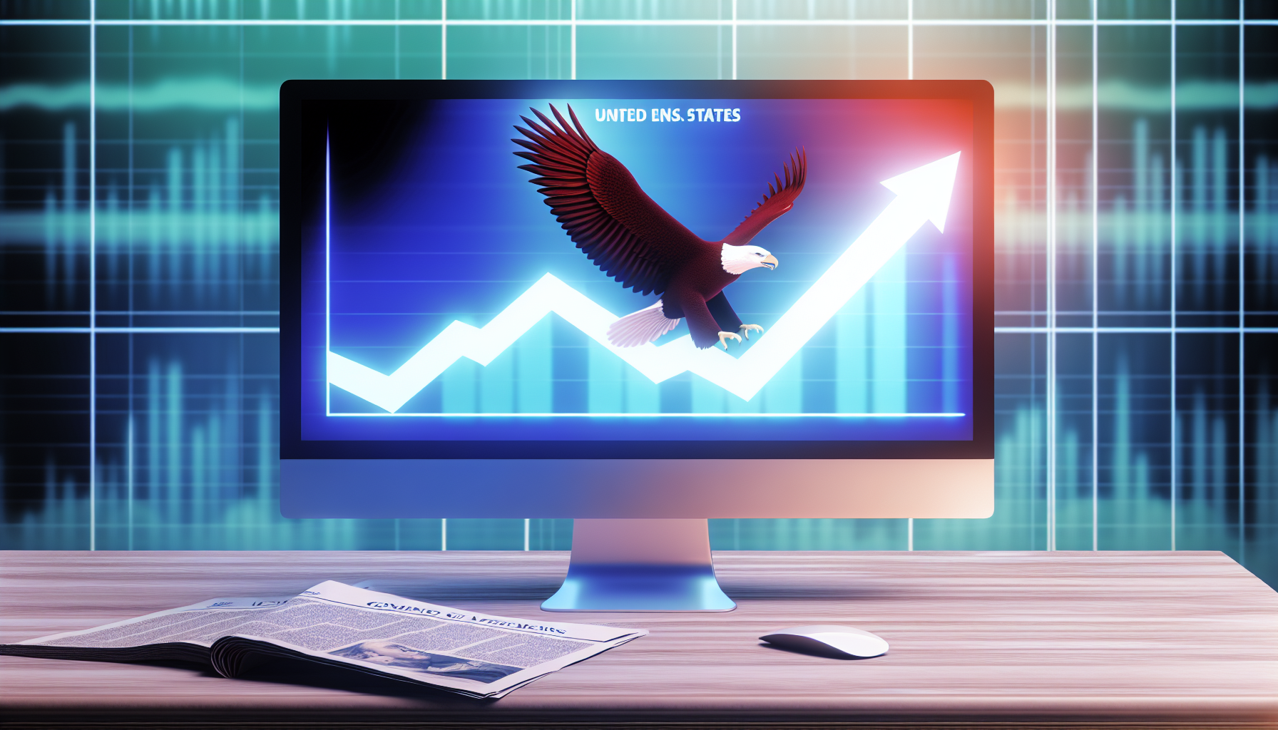 Ein hervorragender US-Aktienfonds, symbolisiert durch einen aufsteigenden Adler, der Ã¼ber einem Diagramm mit einer steigenden Kurve schwebt, wird auf einem leuchtenden Monitor angezeigt. Der Monitor steht auf einem stilvollen Holzschreibtisch, neben dem einige Finanzzeitungen liegen. Die gesamte AtmosphÃ¤re strahlt Wohlstand und Wachstum aus.