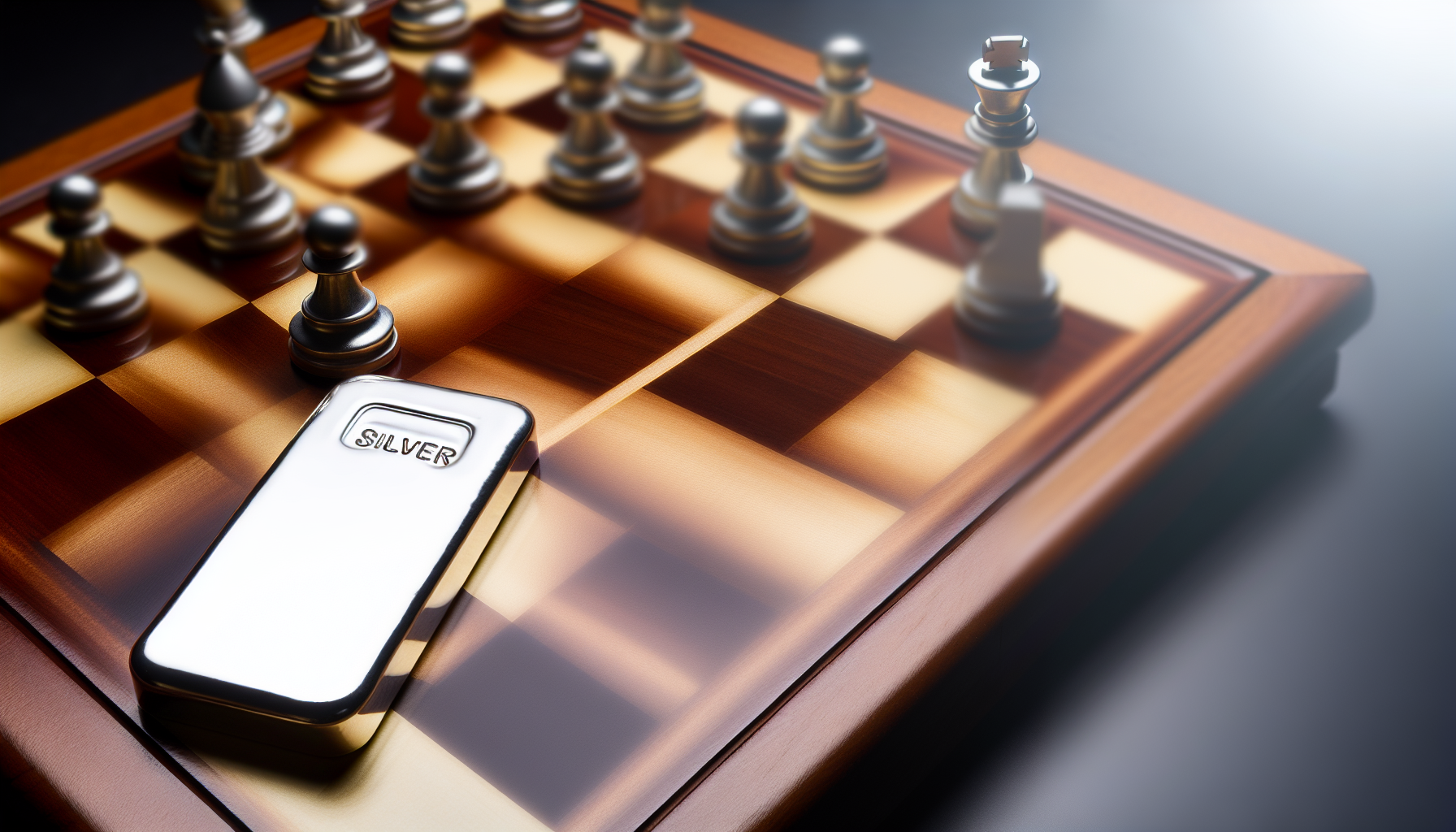 Ein Bild, das das Konzept des strategischen Silberkaufs zeigt. Zeige eine Szene mit einem eleganten Silberbarren, der auf einem taktischen Schachbrett ruht und Strategie symbolisiert. Die Schachfiguren sollen sich mitten in einem komplexen Spiel befinden und eine AtmosphÃ¤re nachdenklicher Ãœberlegung vermitteln. Verwende eine Farbpalette, die von SilbertÃ¶nen dominiert wird und einen Kontrast zu den tiefen Braun- und SchwarztÃ¶nen des hÃ¶lzernen Schachbretts bildet. Beleuchte die Szene mit weichem, warmem Licht, das sich im Silberbarren und den Schachfiguren spiegelt. Betone den strategischen Aspekt des Investierens.