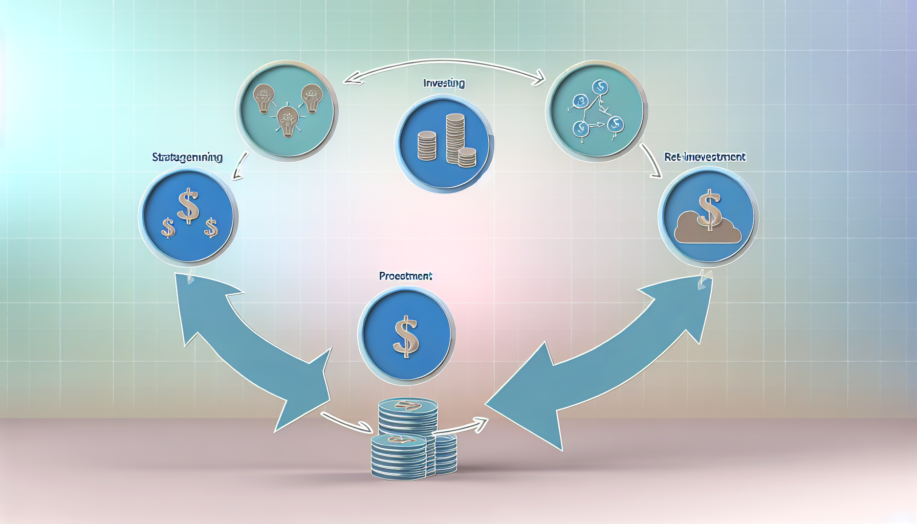 Ein illustratives Diagramm, das den Prozess der passiven Einkommensgenerierung durch strategische Investitionen veranschaulicht. Das Bild sollte ein Flussdiagramm darstellen, mit Pfeilen, die von 'Strategische Planung' zu 'Investieren' zu 'Gewinne' zu 'Reinvestition' zu 'Wachstum' fÃ¼hren und einen Zyklus der kontinuierlichen Einkommensgenerierung bilden. Die verschiedenen Schritte sollten durch stilisierte, einfache Symbole dargestellt werden. Es sollten auch Dollarzeichen, die Einkommen symbolisieren, und MÃ¼nzstapel, die Gewinne darstellen, an strategischen Stellen rund um das Diagramm platziert sein. Der Hintergrund sollte sanft in Pastellfarben gehalten sein und einen eleganten, modernen Look haben.