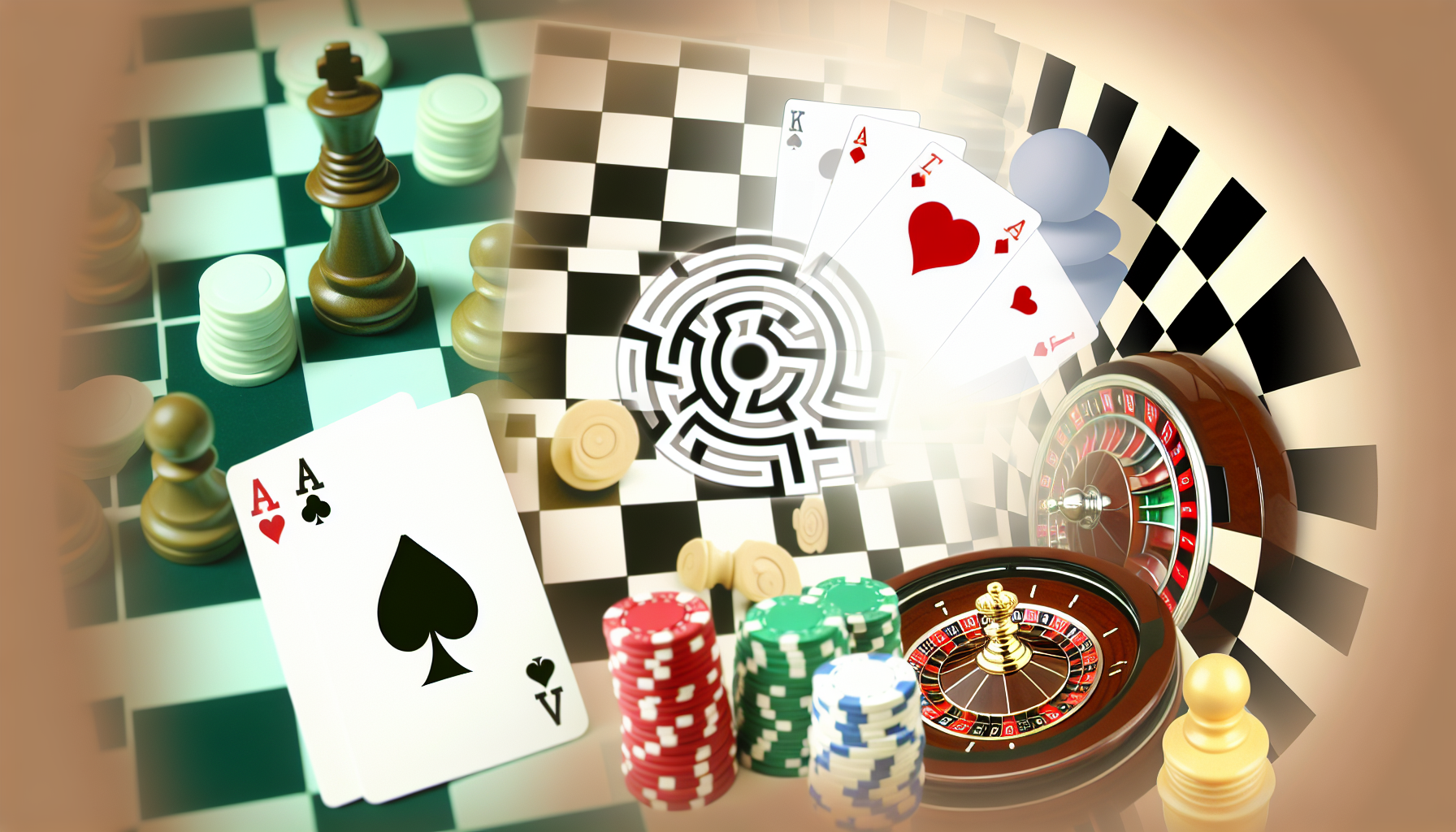 Eine Illustration verschiedener klassischer Glücksspiele wie Poker, Roulette und Spielautomaten, mit Symbolen und Bildmotiven, die strategisches Denken widerspiegeln, etwa Schachfiguren und ein Labyrinth. Der Ton soll hoffnungsvoll und positiv sein und die Idee vermitteln, dass man durch einen strategischen Ansatz potenziell beim Glücksspiel Geld gewinnen kann.