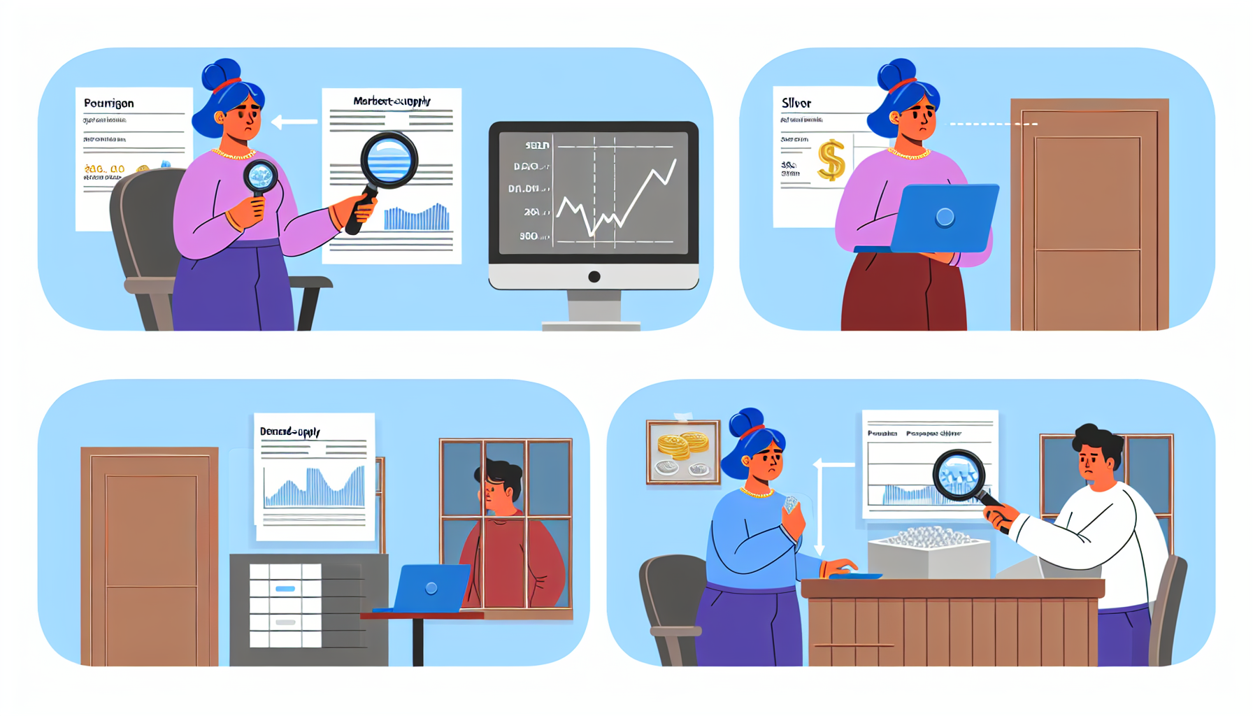 Eine Illustration, die den strategischen Prozess des Silberkaufs zeigt. In der ersten Szene ist eine hispanische Frau zu sehen, die verschiedene Markttrends auf einem Computerbildschirm studiert. Sie ist von Dokumenten umgeben, die Preise und Angebots-Nachfrage-Diagramme detailliert darstellen. Die zweite Szene zeigt dieselbe Frau in einem SchmuckgeschÃ¤ft, wo sie mit einer Lupe Silberschmuck untersucht. Sie fÃ¼hrt eine Verhandlung mit dem GeschÃ¤ftsinhaber, einem asiatischen Mann. Die dritte Szene zeigt ihr Zuhause, wo sie das gekaufte Silber in einem gesicherten Tresor aufbewahrt. Die Szenen reprÃ¤sentieren eine durchdachte Kaufsequenz von der Marktanalyse Ã¼ber den Kauf bis hin zur Sicherung.