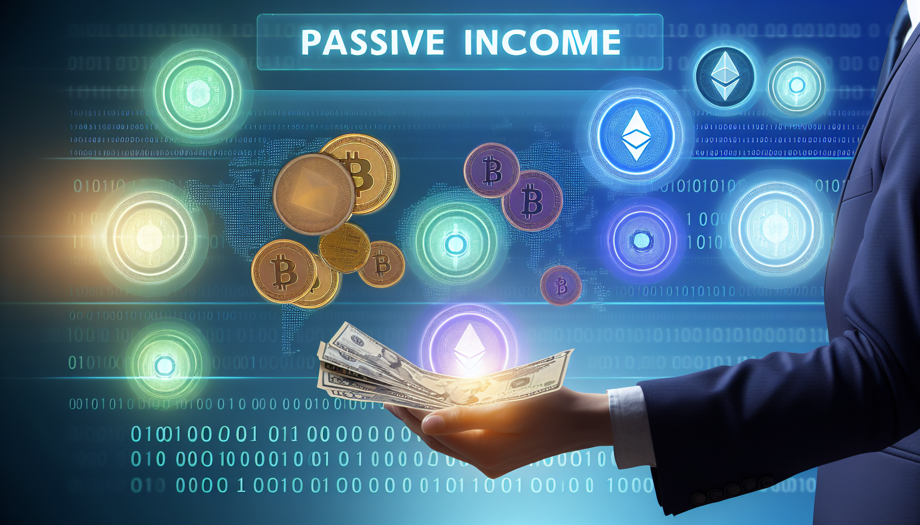 Ein visuelles Konzept f&Atilde;&frac14;r passives Einkommen, das aus digitalen Verm&Atilde;&para;genswerten generiert wird. Das Bild sollte verschiedene Arten von digitalen Verm&Atilde;&para;genswerten darstellen, wie Kryptow&Atilde;&curren;hrungen wie Bitcoin oder Ethereum, nicht-fungible Token (NFTs) und digitale Immobilien. Zeigen Sie diese Verm&Atilde;&para;genswerte so, dass sie Geld produzieren, was passives Einkommen symbolisiert. Das Geld kann in verschiedenen Formen dargestellt werden, wie M&Atilde;&frac14;nzen, Dollar oder Banknoten. Verst&Atilde;&curren;rken Sie den digitalen Aspekt mit Bin&Atilde;&curren;rcodes oder einer futuristischen digitalen &Atilde;„sthetik. Achten Sie darauf, einen insgesamt professionellen und optimistischen Ton beizubehalten.
