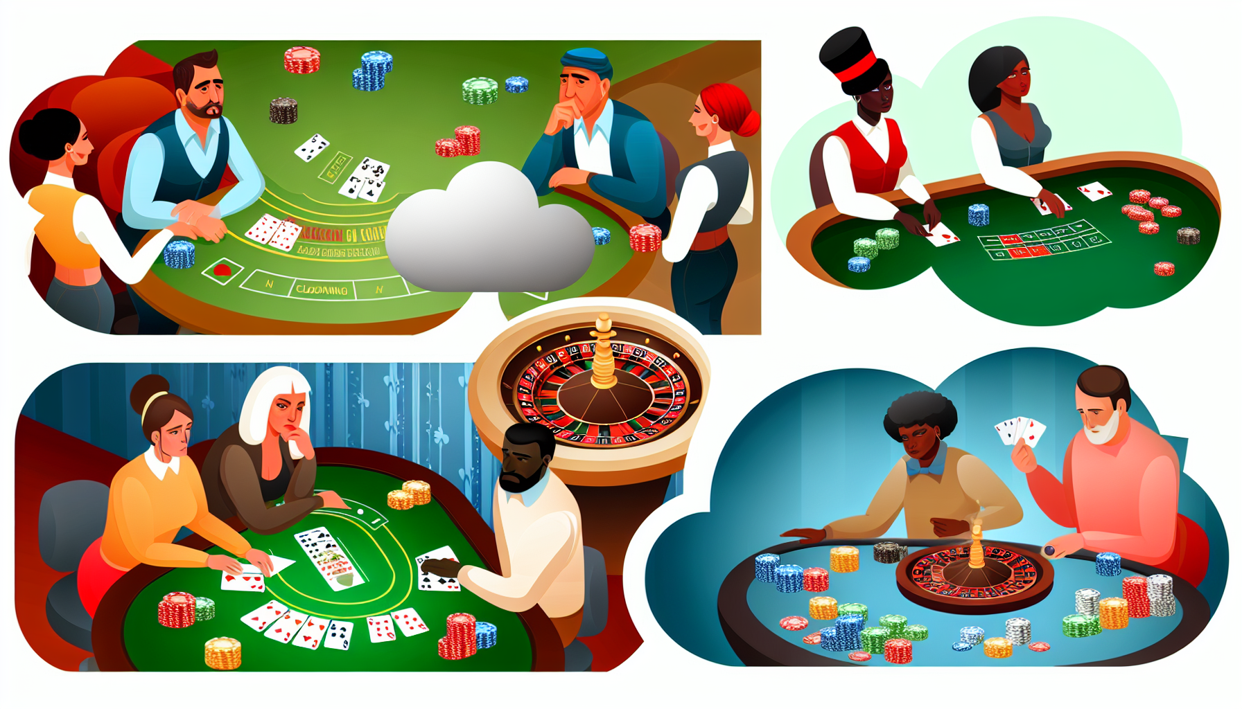 Eine Illustration verschiedener traditioneller Gl&Atilde;&frac14;cksspielspiele wie Blackjack, Roulette und Poker, in der sichtbare Strategien wie Kartenz&Atilde;&curren;hlen, Einsatzsysteme und Bluffen dargestellt werden. In der Szene spielen Menschen unterschiedlicher Herkunft &acirc;€” darunter Wei&Atilde;Ÿe, Personen hispanischer Herkunft und Schwarze &acirc;€” mit konzentrierten Gesichtsausdr&Atilde;&frac14;cken, die ihren strategischen Ansatz zeigen. &Atilde;œber ihnen schwebt jedoch eine Wolke, die das Gl&Atilde;&frac14;ck symbolisiert und verdeutlicht, dass trotz Strategien das Gl&Atilde;&frac14;ck beim Gl&Atilde;&frac14;cksspiel eine gro&Atilde;Ÿe Rolle spielt. Die Farben sind lebhaft und fangen die aufregende Atmosph&Atilde;&curren;re des Spielgeschehens ein.