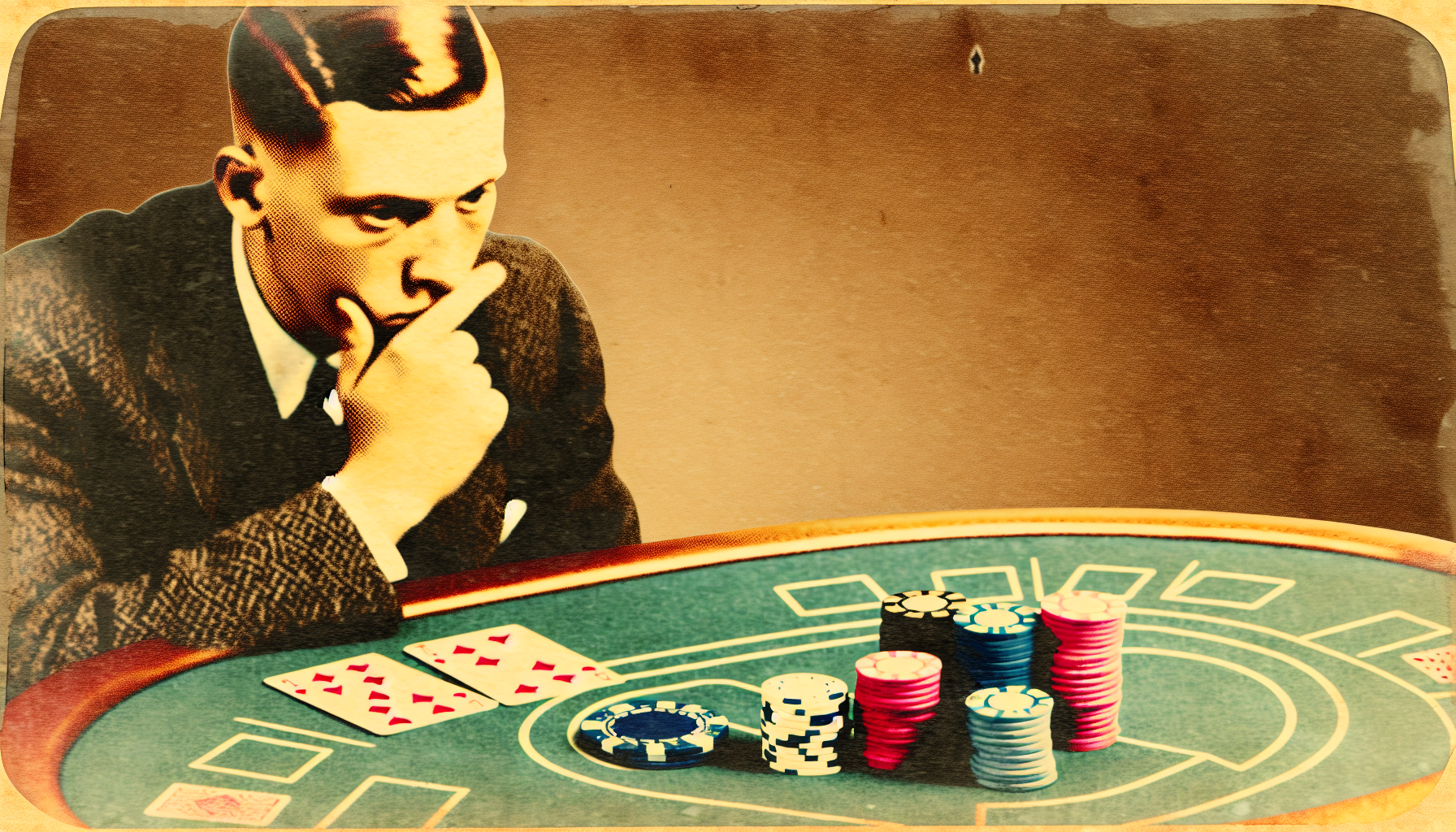 Eine im Vintage-Stil gehaltene Darstellung einer Person, die an einem Casinotisch ein Glücksspiel spielt, mit verstreuten Jetons und Karten. Die Person ist tief konzentriert und berechnet gedanklich ihre Gewinnchancen, was auf das Vorhandensein von Strategie hindeutet, obwohl das Spiel an sich ein Glücksspiel ist.