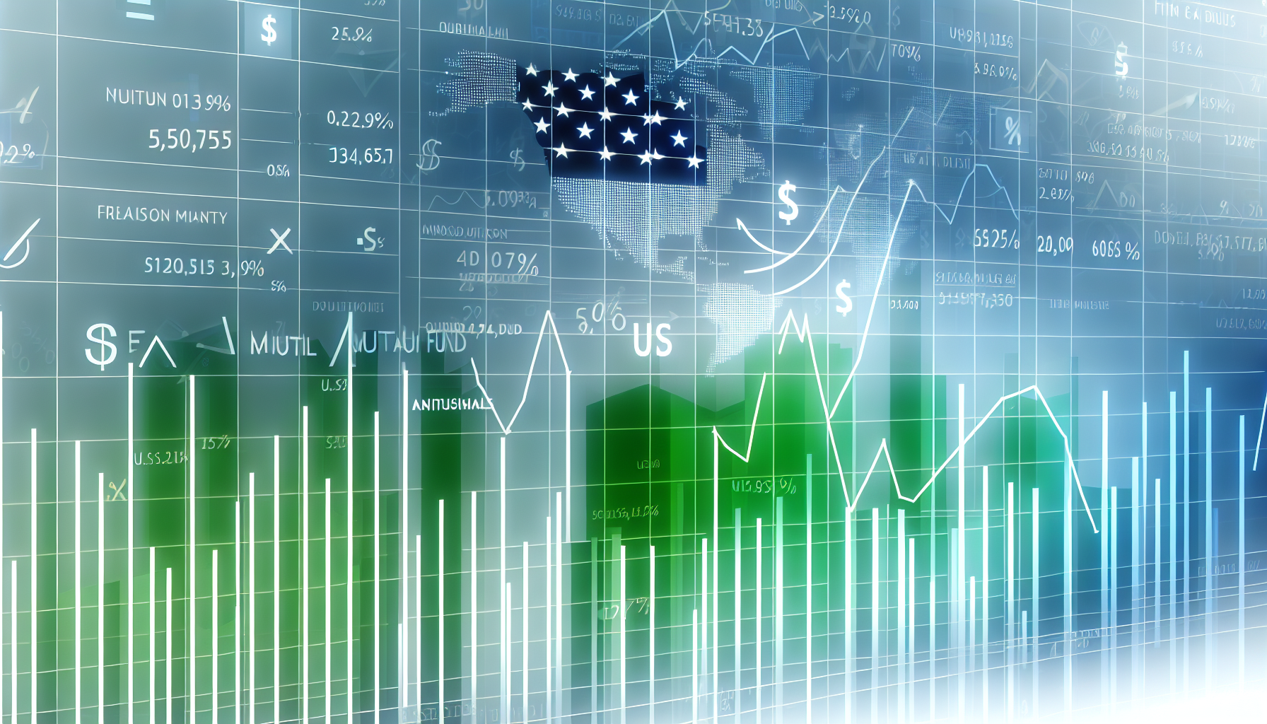 Eine Visualisierung eines US-amerikanischen Aktienfonds. Das Bild sollte ein Diagramm oder eine Grafik zeigen, die die Schwankungen und das Wachstum des Fonds darstellt. ZusÃ¤tzlich sollten verschiedene finanzielle Symbole und Icons enthalten sein, z. B. WÃ¤hrungssymbole, Prozentzeichen und Pfeile. Das Farbschema kann GrÃ¼ntÃ¶ne und BlautÃ¶ne umfassen, um Hoffnung und StabilitÃ¤t zu vermitteln.