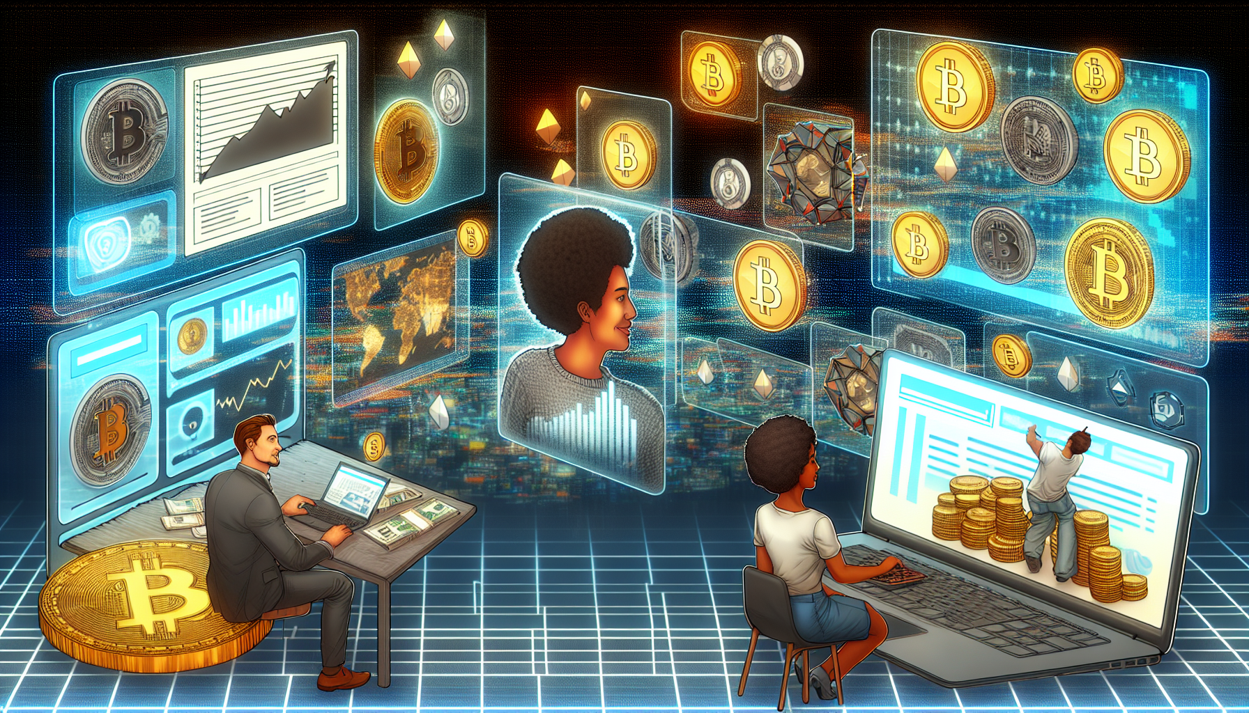 Eine detaillierte Illustration einer digitalen Wirtschaft. Zeigen Sie einen kaukasischen Mann und eine schwarze Frau, die an ihren Laptops arbeiten, umgeben von digitalen Bildern verschiedener VermÃ¶genswerte wie Bitcoins, nicht-fungiblen Token, Online-Immobilien im Metaversum und Aktien. Die AtmosphÃ¤re ist die eines modernen, futuristischen Arbeitsplatzes. Auf dem Bildschirm eines Laptops sollte ein Diagramm mit einem AufwÃ¤rtstrend zu sehen sein, das das Einkommenswachstum symbolisiert. FÃ¼gen Sie auch Elemente wie digitale GeldbÃ¶rsen und Bankkonten hinzu, die mit digitaler WÃ¤hrung Ã¼berquellen und passives Einkommen aus diesen digitalen VermÃ¶genswerten darstellen.