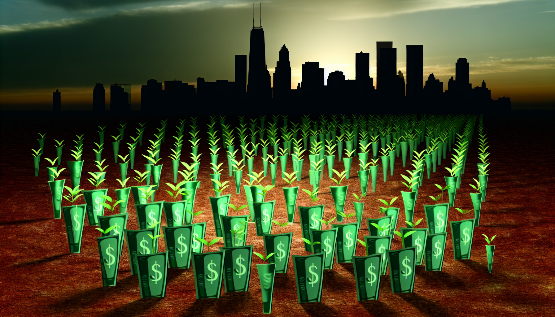 Eine Visualisierung eines US-Aktienfonds, vielleicht dargestellt durch Ã¼ppige Felder mit grÃ¼nen Dollarnoten, die aus dem Boden sprieÃŸen, mit einer silhouettierten Stadtlandschaft im Hintergrund, die die urbanen FinanzmÃ¤rkte symbolisiert.