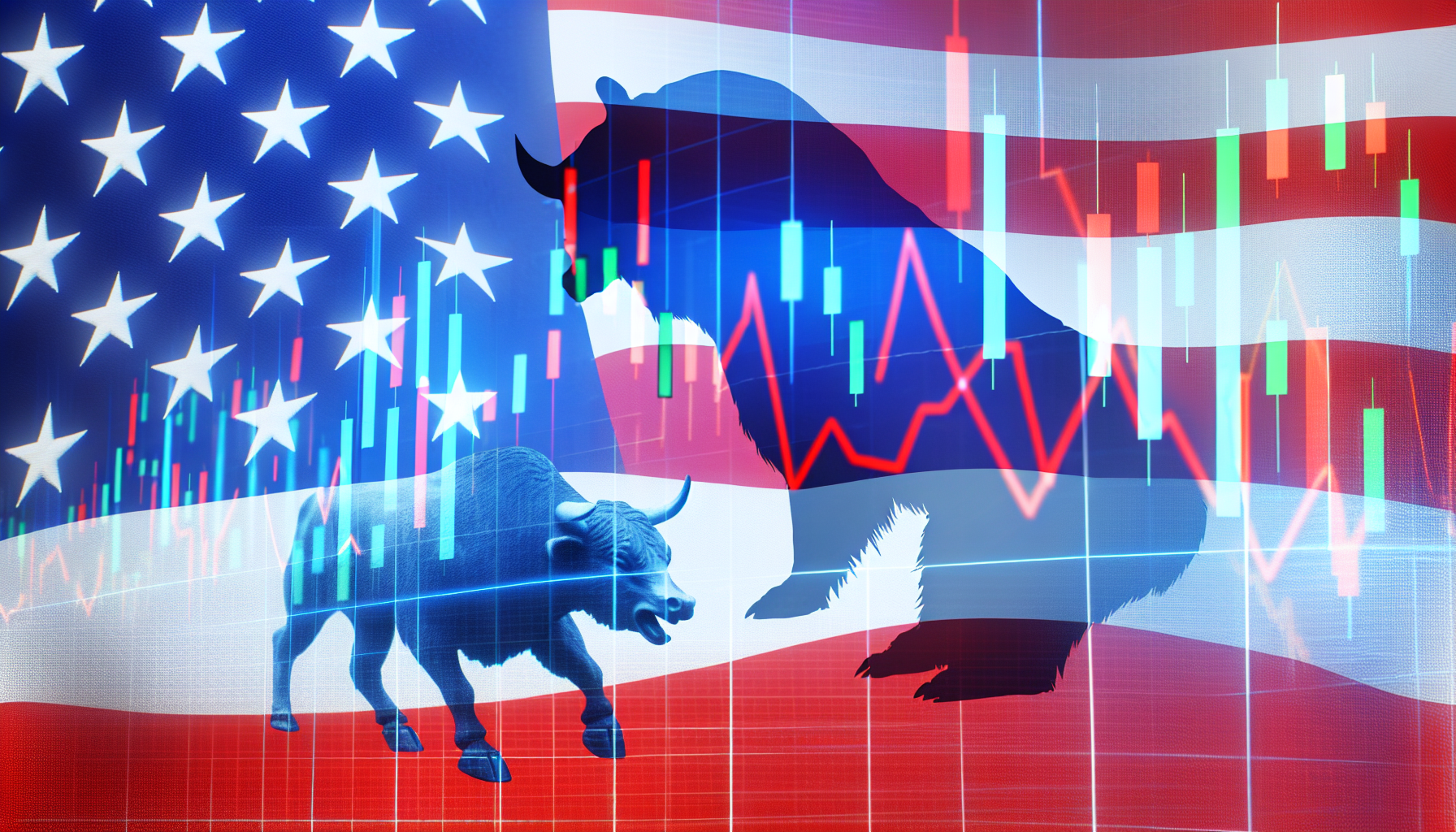 Ein Bild, das amerikanische Aktienfonds darstellt, zeigt das Symbol des Aktienmarktes, wie einen kÃ¤mpfenden Bullen und BÃ¤ren, Ã¼berlagert mit einem Diagramm, das Trends bei Aktienpreisen anzeigt. Elemente der amerikanischen Flagge kÃ¶nnen subtil den Hintergrund bilden, um den Kontext fÃ¼r amerikanische Aktienfonds zu verdeutlichen.