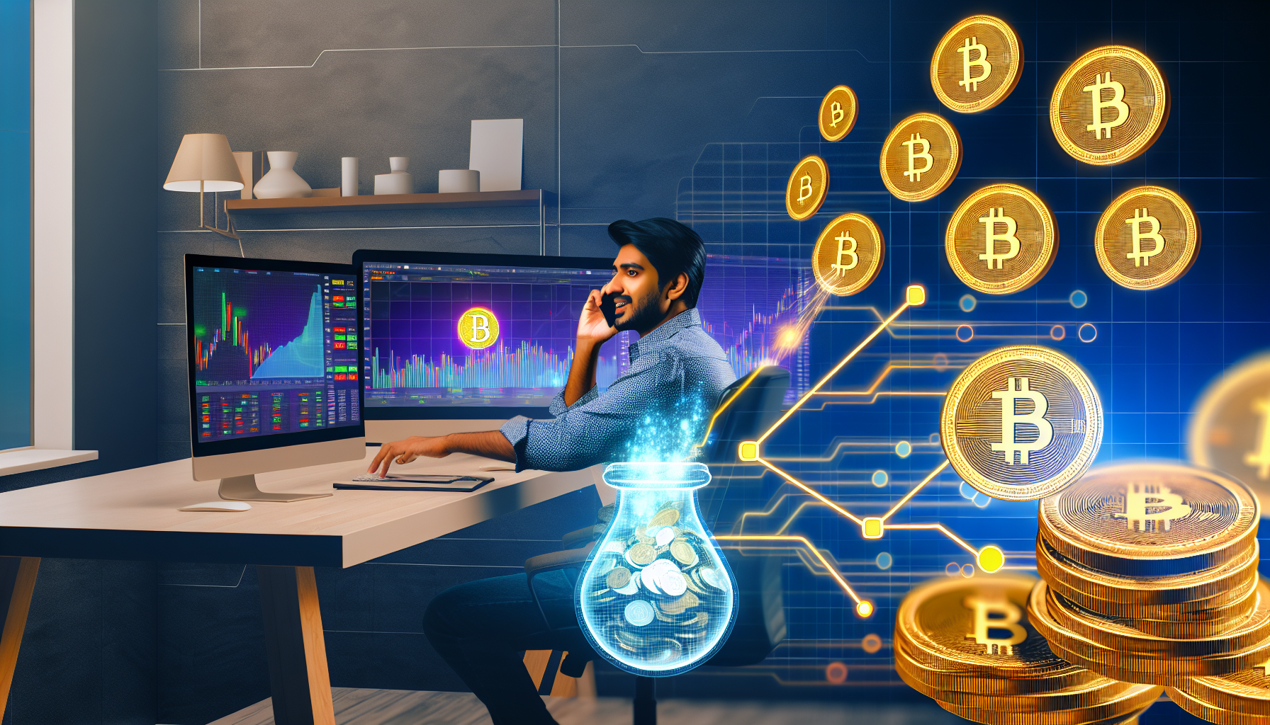 Stellen Sie ein Konzept der passiven Einkommensgenerierung mit digitalen Verm&Atilde;&para;genswerten dar. Zeigen Sie einen s&Atilde;&frac14;dasianischen Mann an einem eleganten Computerarbeitsplatz, der die Markttrends von digitalen W&Atilde;&curren;hrungen auf mehreren Bildschirmen verfolgt. F&Atilde;&frac14;gen Sie visuelle Elemente hinzu, die Kryptow&Atilde;&curren;hrungen widerspiegeln, wie M&Atilde;&frac14;nzen mit digitalen Hologrammen, Diagrammen und Grafiken. Lassen Sie einen Fluss von M&Atilde;&frac14;nzen vom Computer in eine digitale Brieftasche flie&Atilde;Ÿen, um das Einkommen zu symbolisieren. Gestalten Sie die Umgebung komfortabel, mit modernem Dekor und beruhigender Beleuchtung. Achten Sie darauf, ein Gleichgewicht zwischen Technologie und Lifestyle-&Atilde;„sthetik zu wahren.