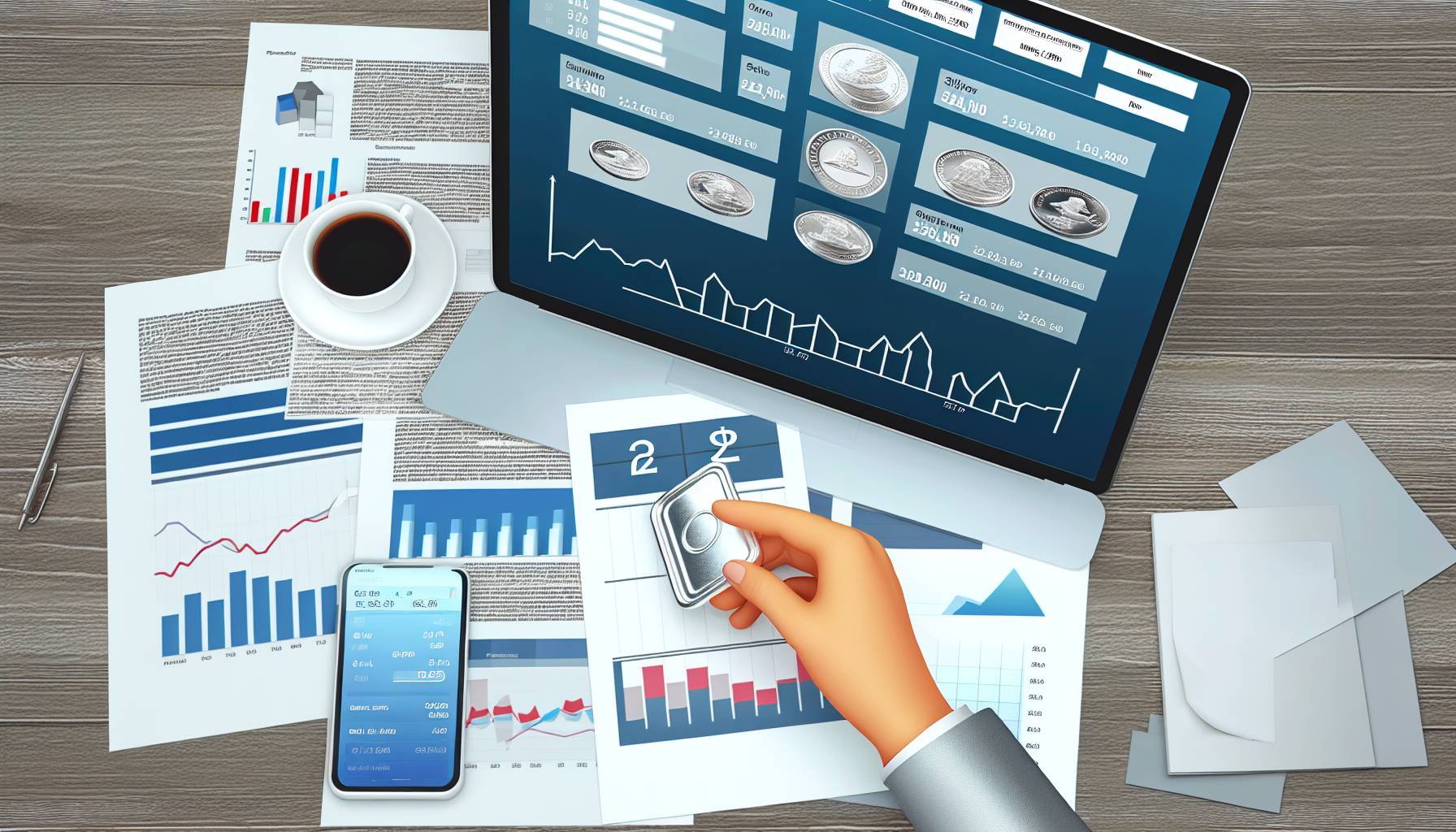 Eine Illustration einer intelligenten Strategie zum Silberkauf. Zeige einen gut organisierten Schreibtisch mit Unterlagen, die Grafiken und Diagramme zu Silberpreisen zeigen, einen geÃ¶ffneten Laptop mit einer Seite, die Echtzeit-Trends des Silbermarkts anzeigt, ein Smartphone mit geÃ¶ffneter Bankâ€‘App und eine Hand, die ein StÃ¼ck reines Silber hÃ¤lt und es eingehend inspiziert.