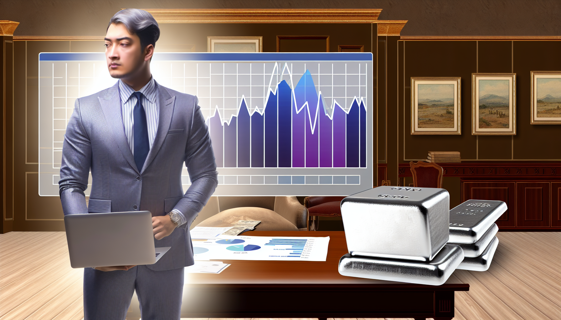 Eine detaillierte Szene, in der ein gepflegt gekleideter Mann asiatischer Abstammung verschiedene Optionen f&Atilde;&frac14;r den Kauf von Silber erw&Atilde;&curren;gt. Zu sehen sind ein Diagramm mit Markttrends, ein aufgeklappter Laptop, der eine Seite mit den aktuellen Preisen zeigt, und ein Stapel Silberbarren auf dem Tisch, die potenzielle Investitionen symbolisieren. Der Raum ist elegant mit h&Atilde;&para;lzernen M&Atilde;&para;beln, antiken Kunstwerken und einem reich strukturierten Teppich eingerichtet und verk&Atilde;&para;rpert den strategischen und &Atilde;&frac14;berlegten Ansatz beim Investieren in Edelmetalle.