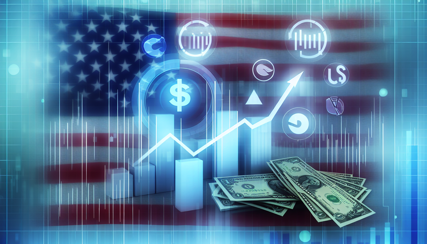 Illustration einer symbolischen Darstellung eines Aktienfonds in den Vereinigten Staaten. Das Konzept sollte finanzielle Analysen umfassen, darunter steigende Grafiken und Leistungskurven, symbolische WÃ¤hrungen wie Dollar-Scheine sowie einige konzeptionelle Symbole fÃ¼r Aktien und Investitionen. MÃ¶glicherweise sollte die amerikanische Flagge subtil im Hintergrund integriert werden, um den Kontext der Vereinigten Staaten zu kennzeichnen.