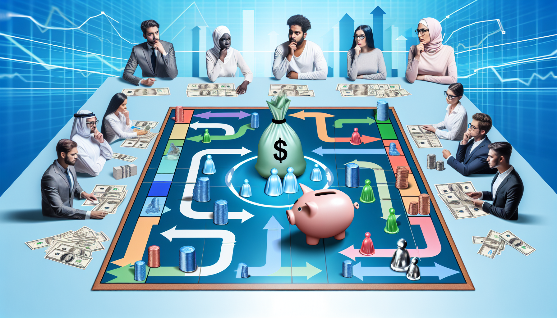 Ein Bild, das das Konzept des passiven Einkommens durch Strategie darstellt. Es zeigt ein Spielbrett mit verschiedenen Spielmarken und Figuren, die Investitionen, Immobilien und Aktien reprÃ¤sentieren. ZusÃ¤tzlich gibt es Pfeile, die den Einkommensfluss symbolisieren, alle gerichtet auf eine Sparschwein, die sich in der Mitte des Brettes befindet. Eine vielfÃ¤ltige Gruppe von Menschen, darunter ein mÃ¤nnlicher AngehÃ¶riger des Nahen Ostens, eine weiÃŸe Frau, ein mÃ¤nnlicher SÃ¼dasianer und eine schwarze Frau, Ã¼berlegt ihre nÃ¤chsten ZÃ¼ge, wÃ¤hrend sie auf Diagramme und Grafiken auf einem groÃŸen Bildschirm im Hintergrund schauen.
