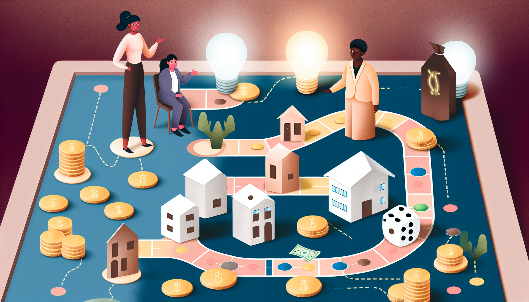 Eine Illustration, die das Konzept des passiven Einkommens durch Strategie darstellt. Das Bild zeigt ein Brettspiel mit verschiedenen finanziellen SpielstÃ¼cken und Tokens, wie MiniaturgebÃ¤uden, die Immobilieninvestitionen reprÃ¤sentieren, kleinen MÃ¼nzstapeln, die gespartes Einkommen symbolisieren, und WÃ¼rfeln, die kalkuliertes Risiko darstellen. Es gibt zwei Spieler auf gegenÃ¼berliegenden Seiten des Brettes, die ihre nÃ¤chsten ZÃ¼ge strategisch planen. Eine Spielerin ist eine Frau aus dem Nahen Osten, und der andere Spieler ist ein schwarzer Mann. Um sie herum symbolisieren sanft leuchtende GlÃ¼hbirnen Ideen und Strategien. Die gesamte AtmosphÃ¤re ist ruhig, intelligent strategisch und hoffnungsvoll.