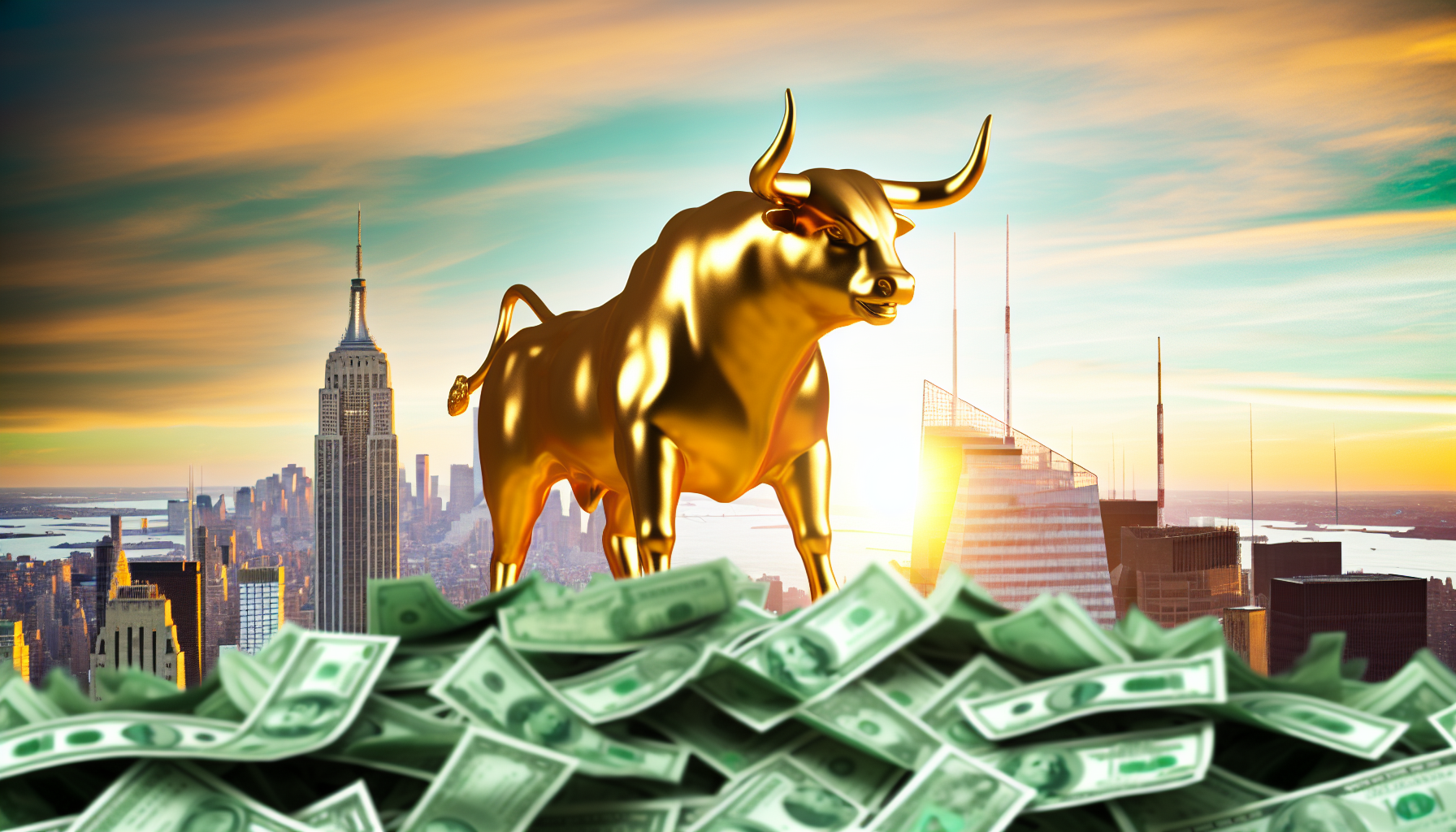Ein herausragender US-Aktienfonds, dargestellt als mÃ¤chtiger, goldener Stier, der auf einem Haufen grÃ¼ner Dollar-Scheine steht und starkes finanzielles Wachstum und Renditen symbolisiert. Der Hintergrund zeigt die Skyline von New York City bei Sonnenuntergang, was die Verbindung zu Wall Street und dem Finanzmarkt betont. Die Stimmung ist optimistisch und bullisch, was auf eine positive Aussicht hinweist.