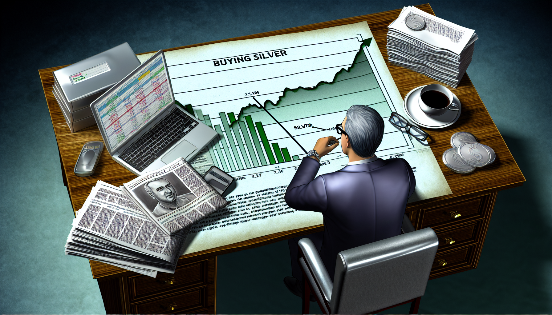 Eine detaillierte Szene, die den strategischen Prozess des Silberkaufs darstellt. Sie k&Atilde;&para;nnte einen Mann mittleren Alters aus dem Nahen Osten, mit Brille, zeigen, der die M&Atilde;&curren;rkte und ihr Verhalten studiert und die steigenden und fallenden Silberpreise auf einem gro&Atilde;Ÿen Kursdiagramm markiert. Er sitzt an einem Schreibtisch aus Mahagoni, mit einer Tasse Kaffee und einem Stapel Finanzzeitungen neben sich. Der Bildschirm eines Laptops, der eine Online-Handelsseite f&Atilde;&frac14;r Edelmetalle zeigt, k&Atilde;&para;nnte ebenfalls einen wichtigen Teil dieses Kunstwerks ausmachen. Die Gesamtstimmung sollte von intensiver Konzentration und strategischem Denken gepr&Atilde;&curren;gt sein.