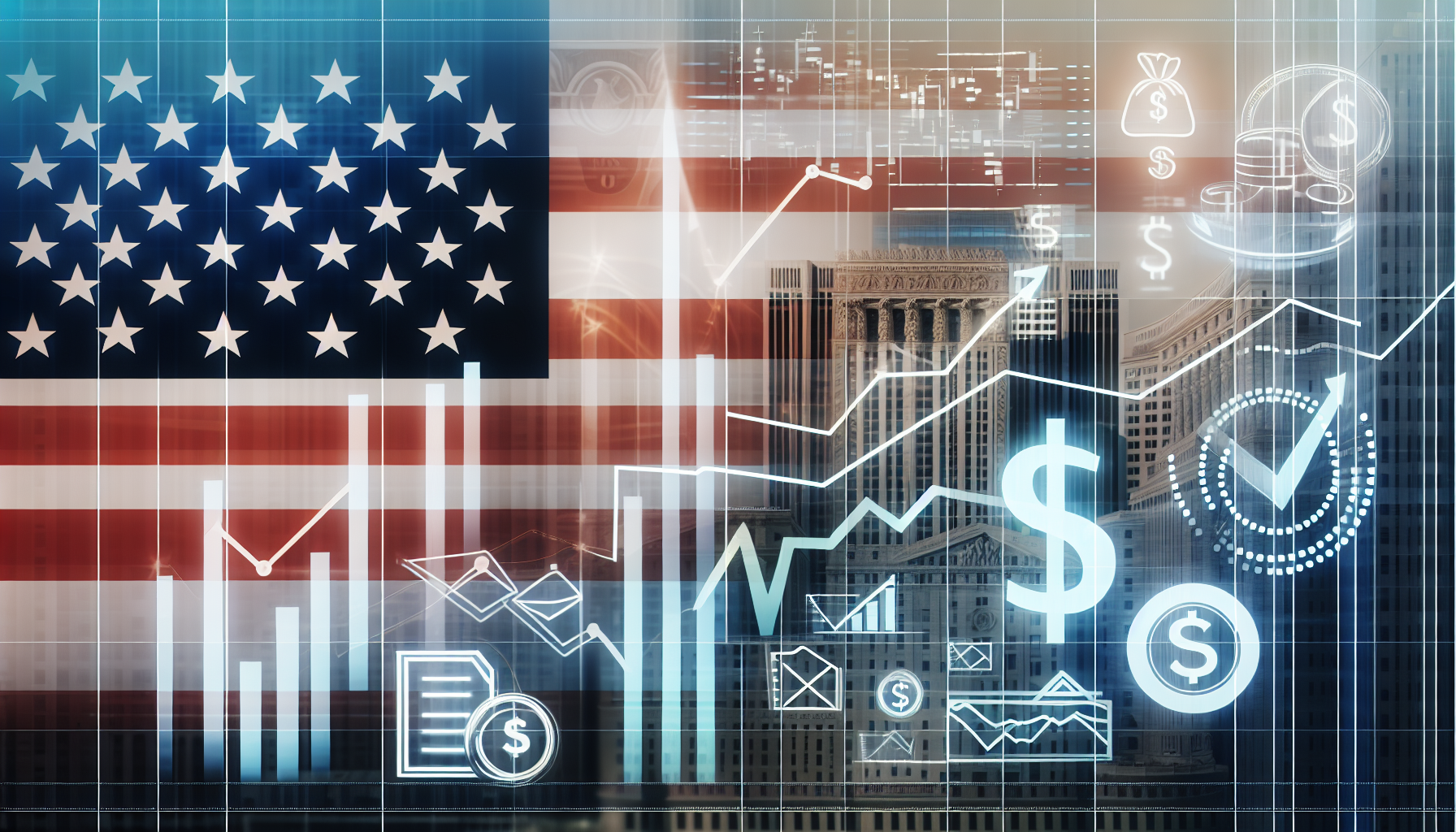 Eine visuelle Darstellung von US-Aktienfonds. Sie enth&Atilde;&curren;lt symbolische Details wie die amerikanische Flagge, B&Atilde;&para;rsencharts, Finanzdokumente und Kapital-Symbole. Wachstum und Investitionen werden durch aufsteigende Kurvenlinien und Dollar-Symbole visualisiert. Im Hintergrund sind au&Atilde;Ÿerdem Geb&Atilde;&curren;ude zu sehen, die als Hauptsitze von Finanzinstituten gedeutet werden.