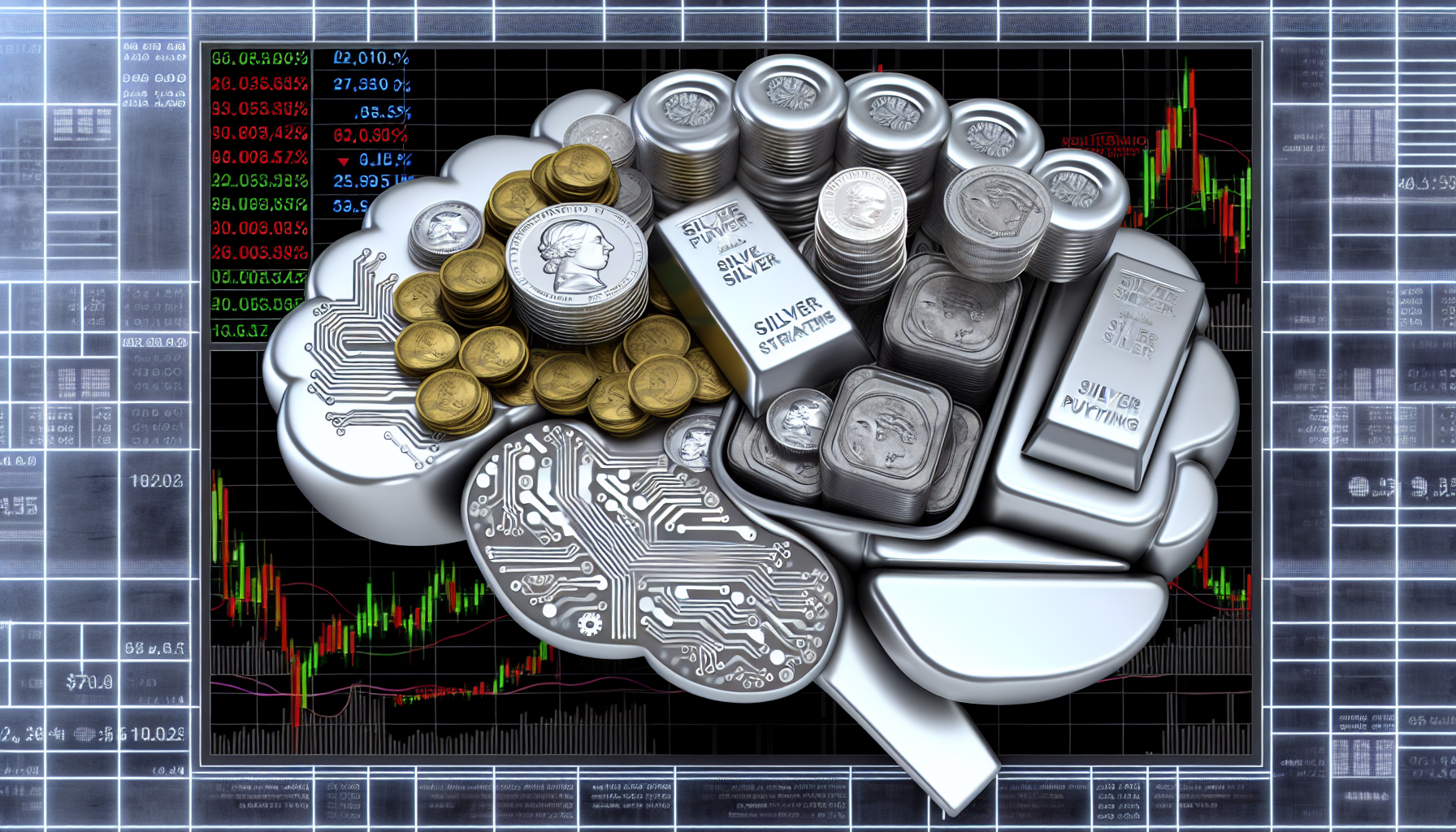 Eine konzeptuelle Darstellung einer Silberkauf-Strategie. Stellen Sie eine Grafik verschiedener Silberbarren und -m&Atilde;&frac14;nzen dar, eingebettet in ein Gehirn aus Schaltkreisen und Zahnr&Atilde;&curren;dern, die den Denkprozess und die Logik hinter der Entscheidungsfindung zeigt. Angebots- und Wertdiagramme sind verstreut, und im Hintergrund laufen B&Atilde;&para;rsenticker, die die Silberkurse anzeigen. Bitte in einem realistischen Kunststil darstellen.