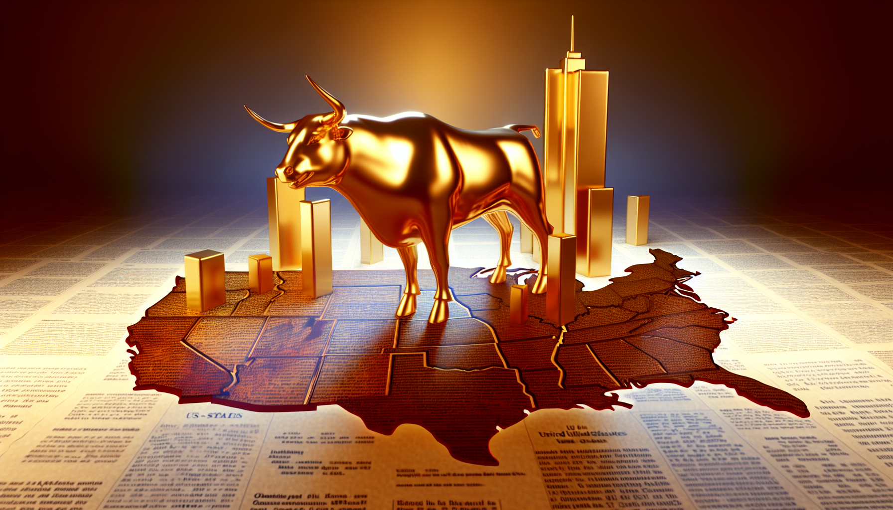 Eine visuelle Darstellung herausragender, in den USA ans&Atilde;&curren;ssiger Aktienfonds. Stelle dir eine gl&Atilde;&curren;nzende goldene Bullenstatue vor, die den Bullenmarkt symbolisiert und stolz auf einer Karte der Vereinigten Staaten steht, die aus Ausrissen von Finanzzeitungen gefertigt ist. Neben dem Bullen ragen hoch aufragende Wolkenkratzer empor, die die leistungsstarken Unternehmen repr&Atilde;&curren;sentieren. Die gesamte Szene ist von einem warmen, energiegeladenen Leuchten durchflutet, das wirtschaftlichen Wohlstand evoziert.