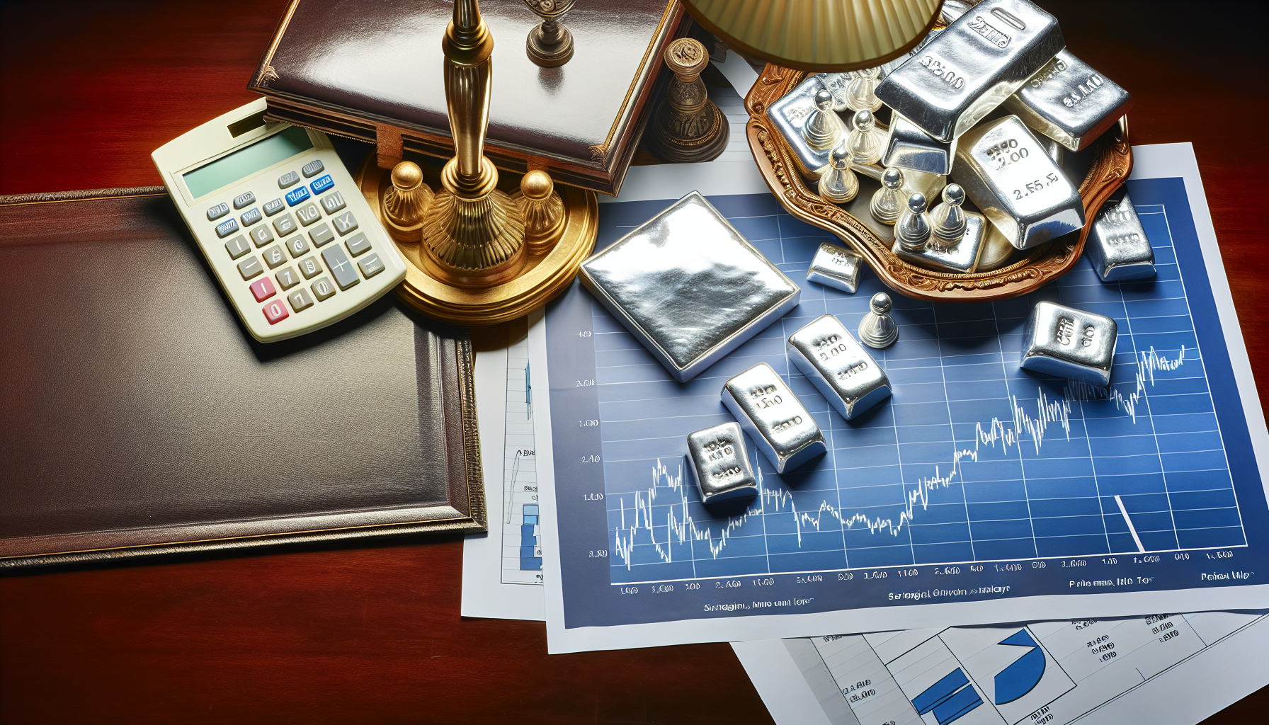Eine wohl&Atilde;&frac14;berlegte Strategie f&Atilde;&frac14;r den Silberkauf, dargestellt auf verst&Atilde;&curren;ndliche und ansprechende Weise. Stellen Sie sich ein detailliertes Diagramm mit Trends und m&Atilde;&para;glichen Ergebnissen vor, einen Taschenrechner f&Atilde;&frac14;r Preisberechnungen, einen Haufen heller, gl&Atilde;&curren;nzender Silberbarren sowie symbolische Schachfiguren, die Planung und Strategie repr&Atilde;&curren;sentieren. All diese Elemente stehen auf einem gro&Atilde;Ÿen Mahagoni-Schreibtisch, unter dem sanften Licht einer antiken Lampe, und zeigen ein passendes Arrangement f&Atilde;&frac14;r jemanden, der kurz davorsteht, strategisch in Silber zu investieren.