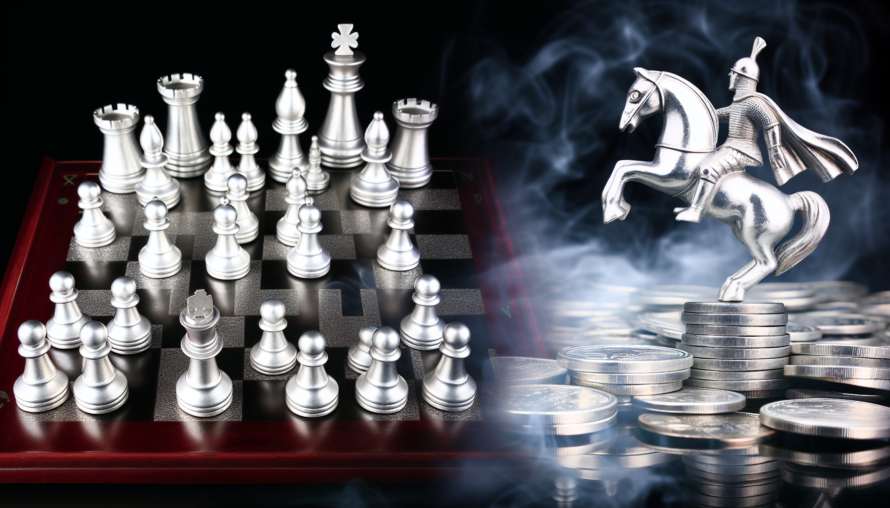 Ein Bild, das das Konzept des strategischen Silberkaufs darstellt. Es zeigt ein detailliertes Schachbrett mit silbernen Schachfiguren, wobei ein Springer einen entscheidenden Zug gegen den K&Atilde;&para;nig des Gegners macht und so strategisches Denken symbolisiert. Daneben liegt ein Haufen gl&Atilde;&curren;nzender Silberm&Atilde;&frac14;nzen, der den Kauf von Silber darstellt. Im Hintergrund sorgt ein rauchiger Effekt f&Atilde;&frac14;r einen Hauch von Geheimnis und Spannung.