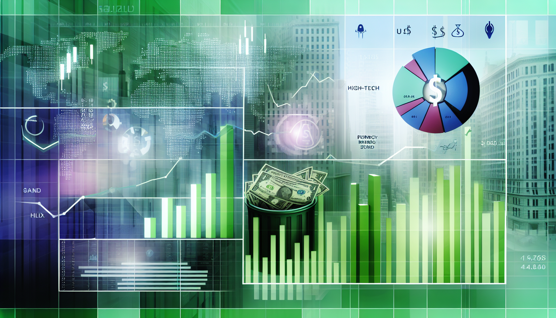 Eine visuelle Darstellung eines US-Aktienfonds. Das Bild zeigt eine Reihe von Finanzdiagrammen, Balken- und Kreisdiagrammen, die die Entwicklung verschiedener Sektoren innerhalb des Fonds anzeigen. Hightech-Symbole und Darstellungen von Dollarscheinen könnten ebenfalls integriert sein, um die Anlagestrategie zu symbolisieren. Idealerweise sollte die Farbpalette Grüntöne enthalten, die Wachstum und Wohlstand repräsentieren, neben anderen Farben, die Marktschwankungen kennzeichnen. Der Hintergrund könnte ein Gefühl von der Wall Street hervorrufen, mit architektonischen Elementen wie Wolkenkratzern, die das Finanzviertel andeuten.