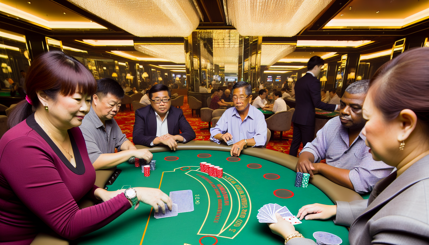 Eine lebhafte Szene in einem luxuriösen Casino: Menschen unterschiedlicher Herkunft und Geschlechter sind vertieft in das Spiel Baccarat. Der grüne Filztisch ist mit eleganten Karten und Jetons in Rot, Blau und Weiß ausgelegt. Die Dealerin, eine asiatische Frau mittleren Alters, handhabt die Karten geschickt, während die Spieler – darunter ein junger Mann hispanischer Herkunft, eine ältere weiße Frau und ein schwarzer Mann in seinen Dreißigern – ihre Karten mit hoffnungsvollen Blicken verfolgen. Das Casino ist hell erleuchtet; die anspruchsvolle Inneneinrichtung umfasst plüschige Sitzgelegenheiten, gemusterte Teppiche und Kristalllüster, die von der hohen Decke herabhängen.