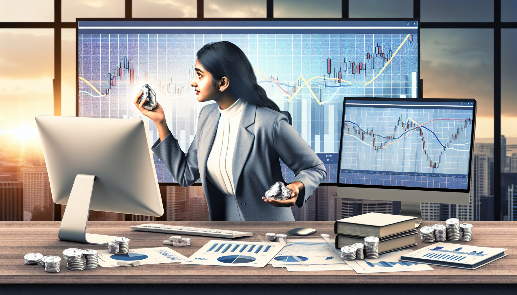 Eine detaillierte visuelle Darstellung des strategischen Silberkaufs. Sie zeigt eine s&Atilde;&frac14;dasiatische Frau in Businesskleidung, die Marktcharts an einem Computer analysiert. In der einen Hand h&Atilde;&curren;lt sie ein Silbernugget, die andere Hand liegt auf der Maus. Im Hintergrund sind Markttrends auf gro&Atilde;Ÿen Monitoren zu sehen. Um sie herum liegen verstreut Finanzb&Atilde;&frac14;cher und Silberm&Atilde;&frac14;nzen, die zur Atmosph&Atilde;&curren;re einer strategisch geplanten Silberinvestition beitragen. Der Schauplatz ist ein modernes B&Atilde;&frac14;ro mit gro&Atilde;Ÿen Fenstern, die bei Sonnenuntergang eine Stadtsilhouette zeigen.