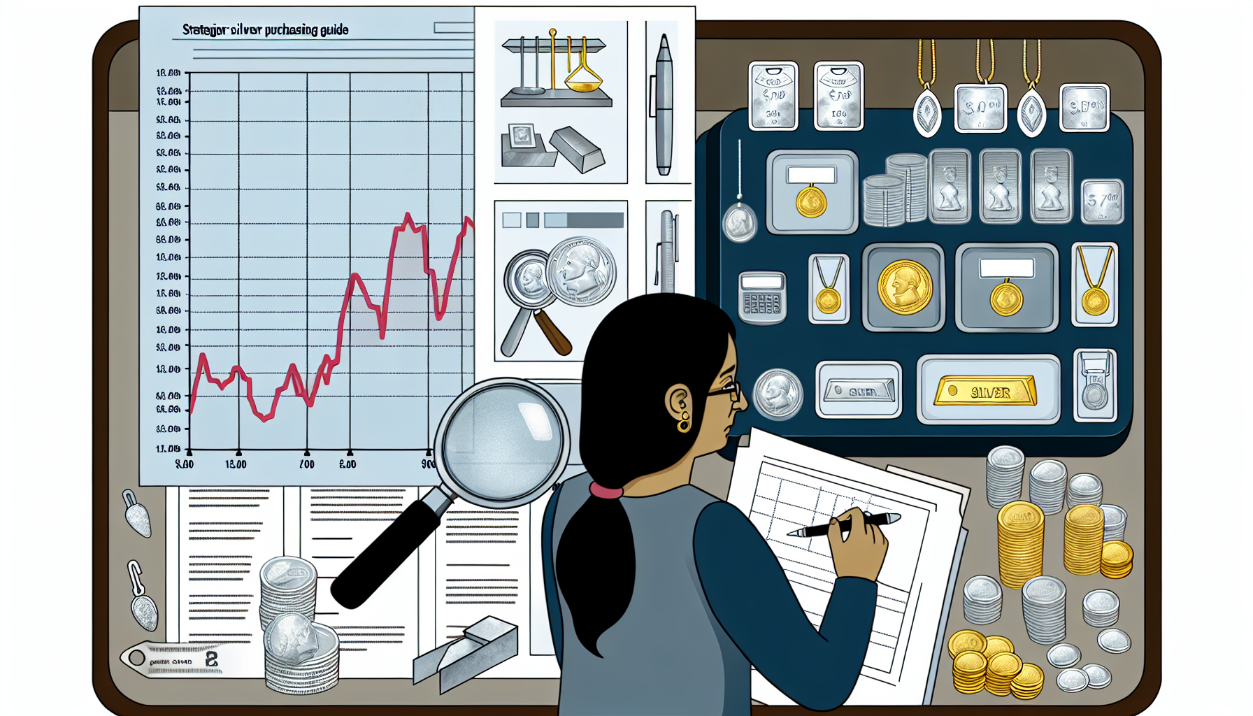 Eine detaillierte Illustration eines strategischen Leitfadens zum Silberkauf. Links befindet sich ein Diagramm, das die Schwankungen der Silberpreise im Laufe der Jahre zeigt; daneben liegen Analysewerkzeuge wie eine Lupe, ein Lineal und ein Taschenrechner. In der Mitte ist eine Frau s&Atilde;&frac14;dasiatischer Herkunft zu sehen, die das Diagramm genau pr&Atilde;&frac14;ft und mit einem Stift auf einem Notizblock Notizen macht. Rechts befindet sich ein Silbergesch&Atilde;&curren;ft, das verschiedene Silberformen wie M&Atilde;&frac14;nzen, Barren und Schmuck ausstellt. Ein wei&Atilde;Ÿer Mann w&Atilde;&curren;hlt sorgf&Atilde;&curren;ltig St&Atilde;&frac14;cke f&Atilde;&frac14;r sein Anlageportfolio aus.