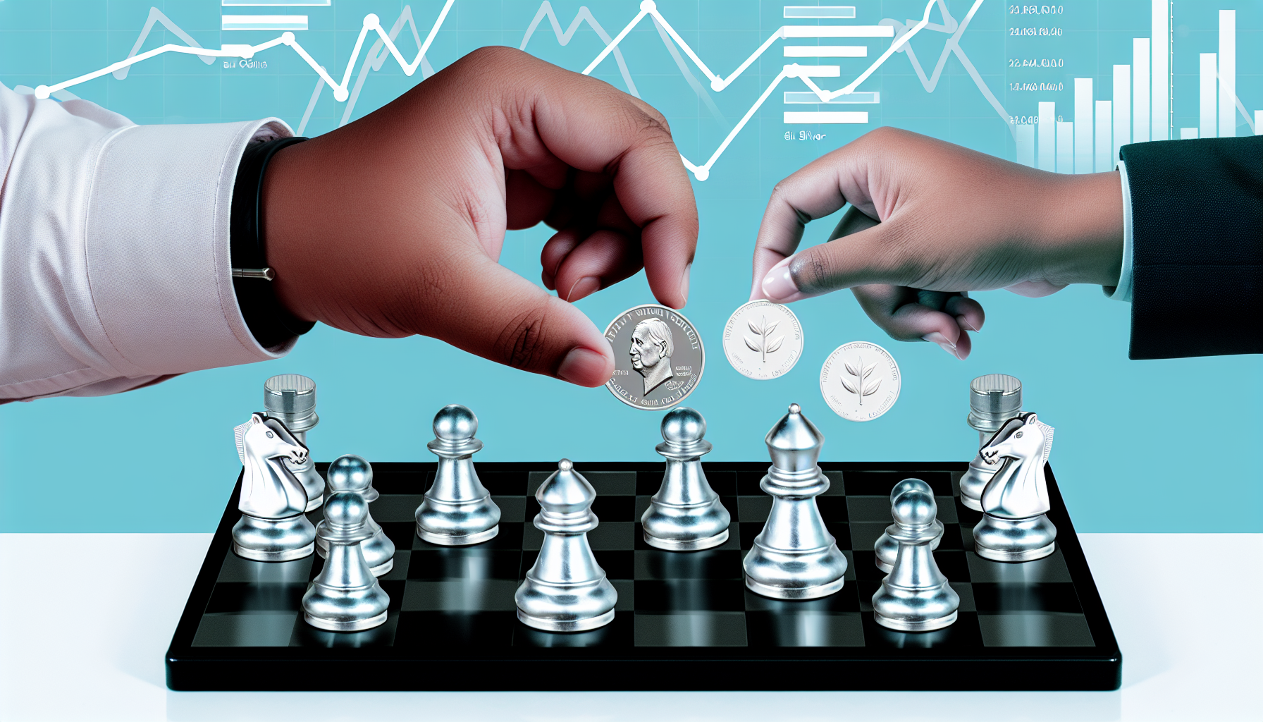 Stellen Sie das Konzept des strategischen Silberkaufs dar. Das Bild sollte ein Schachbrett mit silbernen Schachfiguren zeigen, die verschiedene Anlageformen in Silber repr&Atilde;&curren;sentieren, wie M&Atilde;&frac14;nzen, Barren und ETFs. Die H&Atilde;&curren;nde eines s&Atilde;&frac14;dasiatischen Mannes und einer schwarzen Frau sollten die Figuren strategisch &Atilde;&frac14;ber das Brett bewegen, um intelligentes Anlageentscheidungsverhalten zu symbolisieren. Im Hintergrund sollten Diagramme und Finanzcharts zu sehen sein, die den strategischen Aspekt des Investierens betonen.