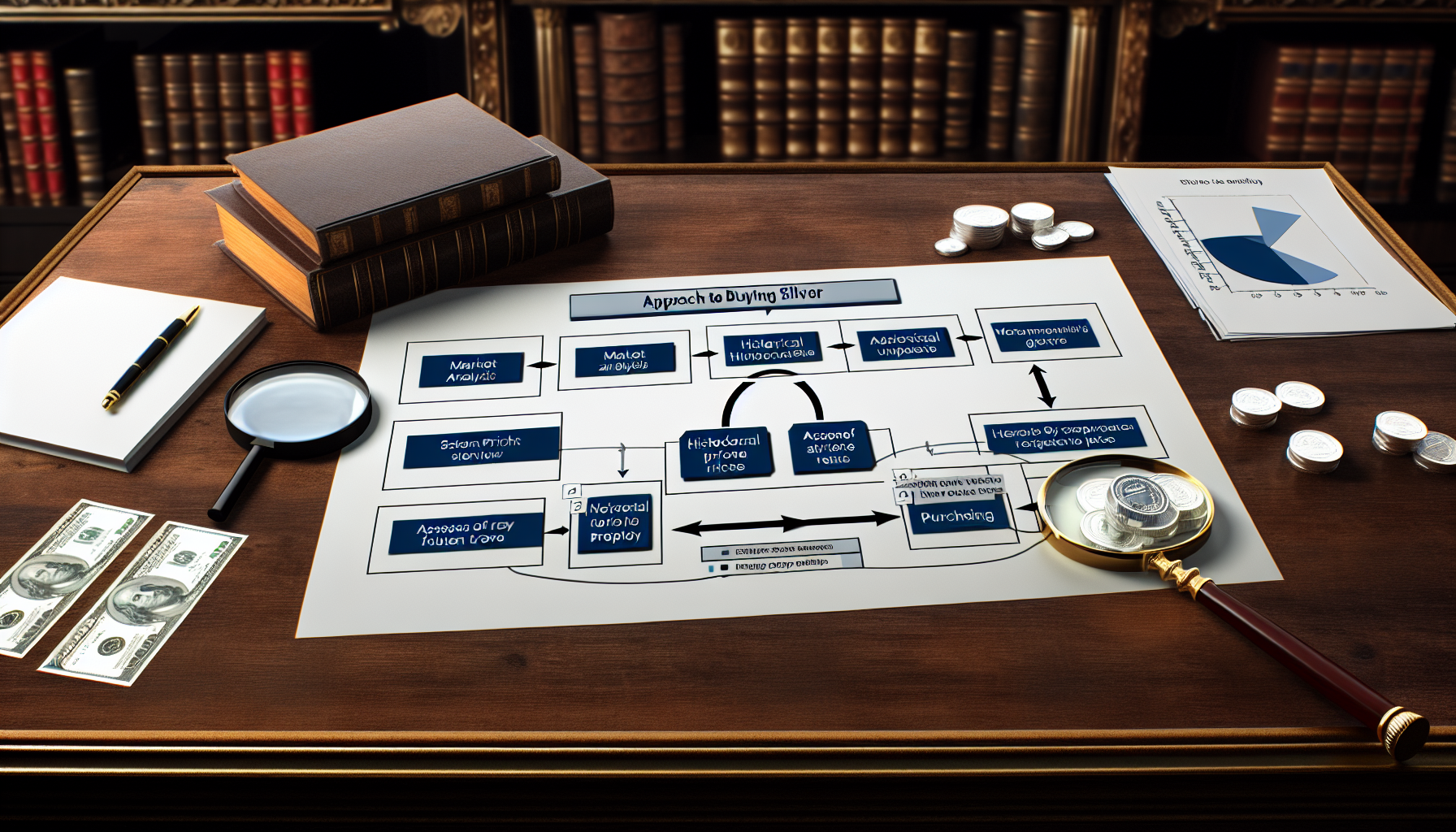 Eine visuelle Darstellung eines strategischen Ansatzes f&Atilde;&frac14;r den Silberkauf. Das Bild zeigt ein detailliertes Flussdiagramm, das Schritte wie Marktanalyse, &Atilde;œberpr&Atilde;&frac14;fung historischer Preise, Einsch&Atilde;&curren;tzung zuk&Atilde;&frac14;nftiger Trends und einen Zeitplan f&Atilde;&frac14;r K&Atilde;&curren;ufe umrei&Atilde;Ÿt. Das Flussdiagramm liegt auf einem Holzschreibtisch, zusammen mit typischen Hilfsmitteln wie einer Lupe und Berichten. Um den Schreibtisch herum breitet sich eine Atmosph&Atilde;&curren;re aus, die an das Arbeitszimmer eines anspruchsvollen Anlegers erinnert, mit antiken Elementen.