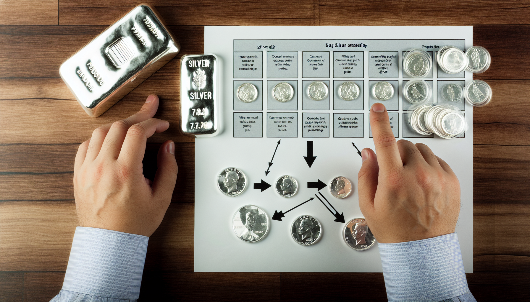 Eine instruktive Darstellung dar&Atilde;&frac14;ber, wie man Silber strategisch kauft. Zeigen Sie eine Auswahl an Silberbarren und -m&Atilde;&frac14;nzen, die auf einem Tisch ausgebreitet liegen. Es sollte au&Atilde;Ÿerdem ein Diagramm oder Flussdiagramm vorhanden sein, das die Schritte detailliert, die eine Person beim Entscheiden, welche Art von Silber sie kaufen soll, unternehmen k&Atilde;&para;nnte. Dazu k&Atilde;&para;nnen Faktoren wie aktuelle Marktpreise, das Gewicht des Silbers und dessen Reinheit geh&Atilde;&para;ren. Eine Person sollte neben dem Tisch stehen und die Silberst&Atilde;&frac14;cke sowie das Diagramm studieren. Die Person sollte dabei bedacht und sorgf&Atilde;&curren;ltig wirken.
