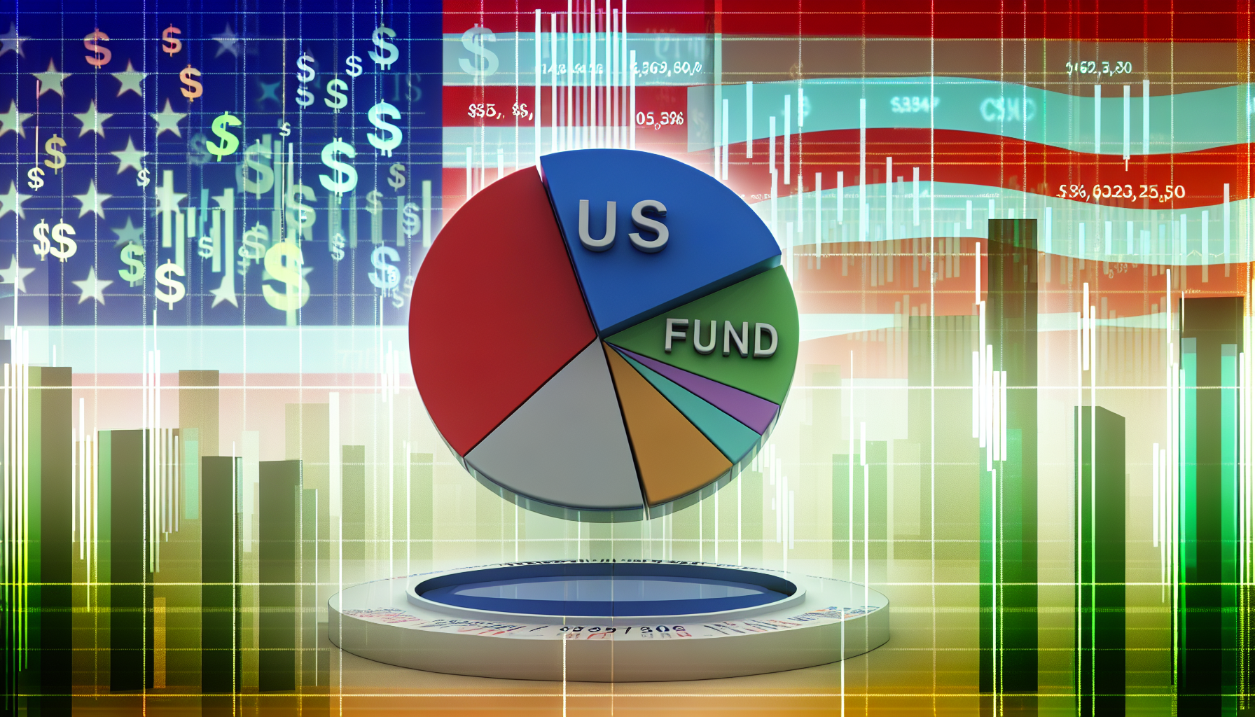 Eine Illustration des Konzepts eines US‑Aktienfonds. Die Szene zeigt ein großes Tortendiagramm mit verschiedenen Farben, die unterschiedliche Arten von Aktien im Fondsportfolio darstellen. Im Hintergrund ist ein Börsenticker zu sehen, der die Entwicklung verschiedener Aktien anzeigt. Einige Elemente des amerikanischen Kapitalismus wie das Dollarzeichen und klassische Unternehmensgebäude sollten dezent in die Landschaft eingebunden werden.