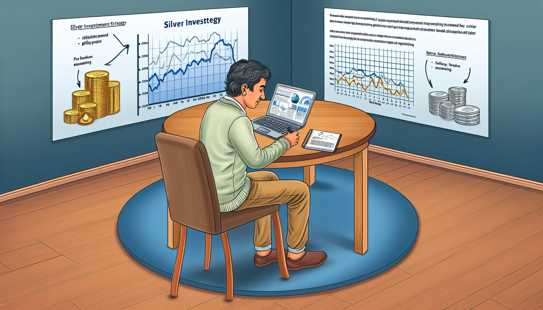 Eine Illustration, die den Ablauf des strategiebasierten Silbereinkaufs zeigt. Das Bild zeigt eine Person, die an einem runden Holztisch sitzt; auf dem Laptop sind verschiedene Diagramme und Trends zu Silberpreisen zu sehen. Die Person, ein südasiatischer Mann mittleren Alters, macht Notizen in einem Notizblock und bezieht sich dabei sowohl auf den Laptopbildschirm als auch auf ein Buch mit dem Titel „Strategie für Silberinvestitionen“. Im Raum hängen Poster und Diagramme zu Wirtschaftstrends, speziell im Bereich von Edelmetallinvestitionen.