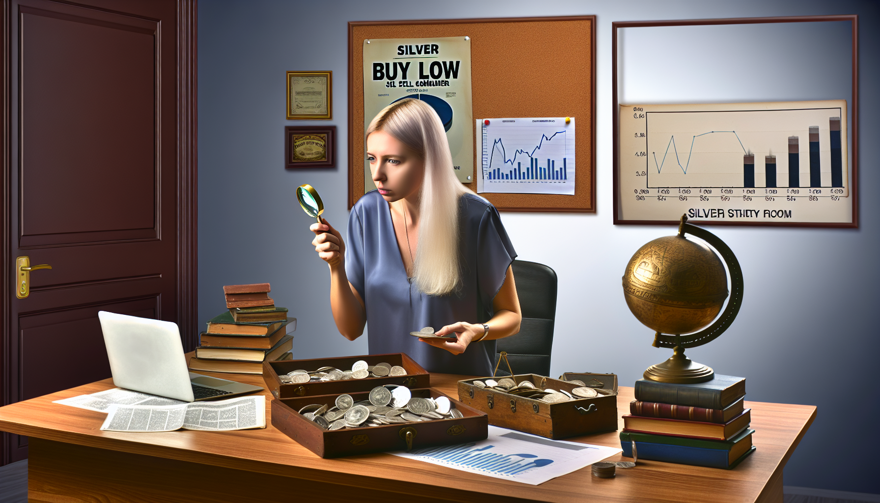 Eine detaillierte Strategie zum Kauf von Silber: Eine Szene zeigt eine hellhÃ¤utige Numismatikerin in einem BÃ¼ro, die sorgfÃ¤ltig SilbermÃ¼nzen mit einer Lupe an ihrem hÃ¶lzernen Schreibtisch untersucht, der mit Finanzdiagrammen, BÃ¼chern und einem antiken Globus Ã¼berladen ist. Neben ihr steht ein geÃ¶ffneter Laptop, auf dessen Bildschirm ein Diagramm der Schwankungen des Silberpreises angezeigt wird. Ein gedrucktes Blatt mit der Aufschrift 'GÃ¼nstig kaufen, teuer verkaufen' hÃ¤ngt an der Wand hinter ihr. An der BÃ¼rotÃ¼r im Hintergrund befindet sich eine Tafel mit der Aufschrift 'Silber-Strategieraum'. Die GesamtatmosphÃ¤re des BÃ¼ros strahlt Planung, Strategie und durchdachtes Investieren aus.