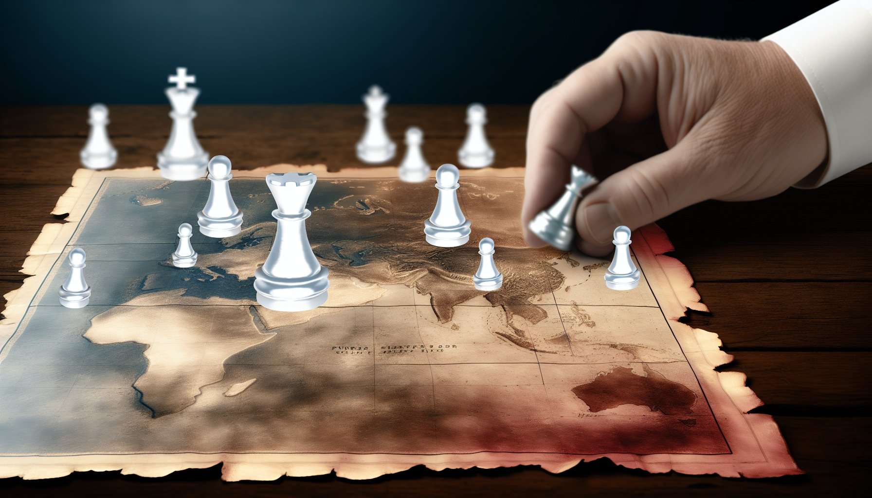 Eine illustrative Darstellung eines strategischen Ansatzes zum Silberkauf. Die Szene zeigt eine sehr detaillierte, traditionsreiche Karte, die auf einem alten Holztisch ausgebreitet ist. Auf der Karte liegen kleine, aus reinem Silber gefertigte Schachfiguren, die als strategische Symbole dienen. Im Hintergrund ist eine Hand zu sehen, die eine silberne Schachfigur bewegt und damit die wohl&Atilde;&frac14;berlegte Entscheidungsfindung in dieser Silberkaufstrategie symbolisiert.