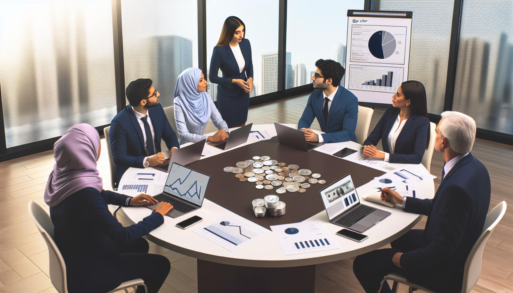 Eine strategische Planungssitzung, bei der mehrere Personen über die Idee diskutieren, in Silber zu investieren. Die Szene spielt in einem modernen, gut beleuchteten Konferenzraum mit einem großen runden Tisch. Auf dem Tisch stehen Laptops, Finanzberichte, Diagramme, die die Silbermarkttrends zeigen, und Stapel von Silbermünzen. An der Sitzung nehmen eine Finanzberaterin aus dem Nahen Osten, ein weißer Ökonom, eine hispanische Investmentbankerin und ein südasiatischer Silbermarktexperte teil. Sie führen eine ernste, aber dennoch kollegiale Diskussion über die Vor- und Nachteile sowie die Risiken des Kaufs von Silber.