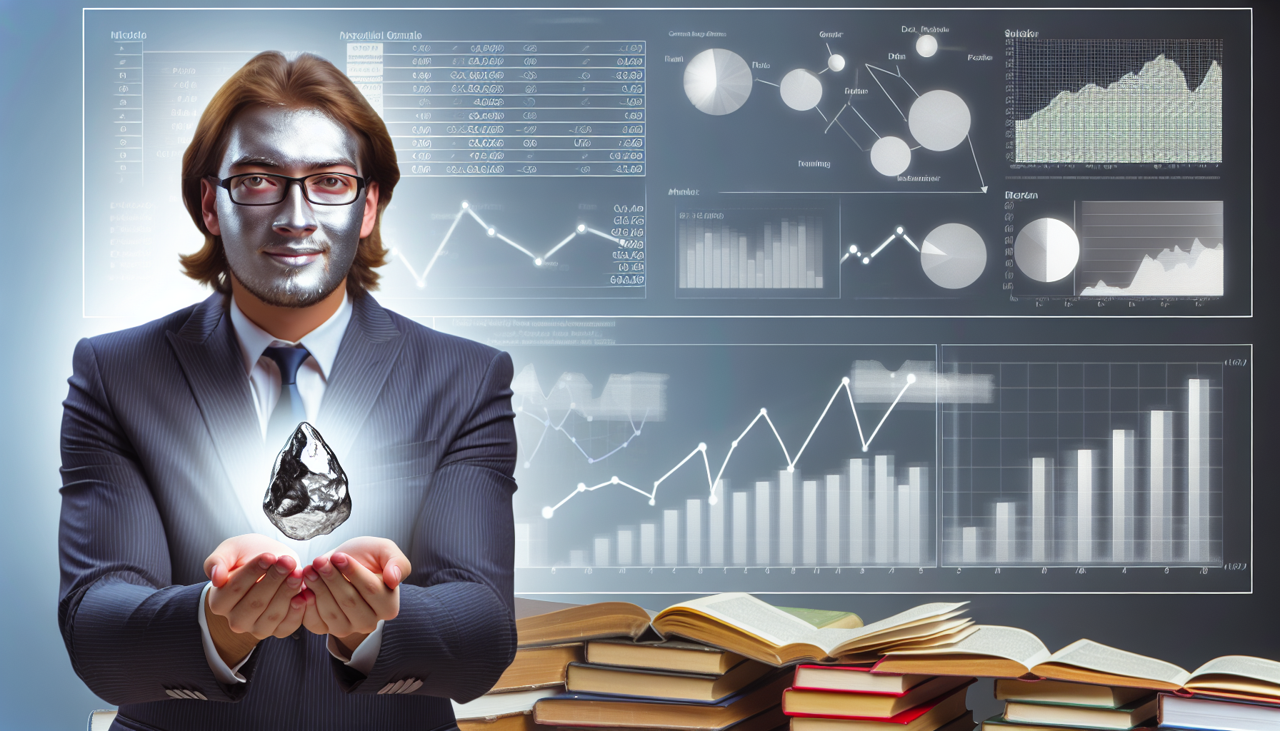 Ein konzeptionelles Bild einer Person, die strategisch Silber kauft. Die Person ist in einem Arbeitszimmer dargestellt, das voller Finanzdiagramme, Grafiken und B&Atilde;&frac14;cher zum Thema Rohstoffinvestitionen ist. In ihren H&Atilde;&curren;nden h&Atilde;&curren;lt sie ein gl&Atilde;&curren;nzendes Silbernugget, das ihre Investition symbolisiert. Im Gesicht der Person spiegeln sich Selbstvertrauen und Entschlossenheit, was auf ihre strategische Herangehensweise an dieses Vorhaben hinweist.